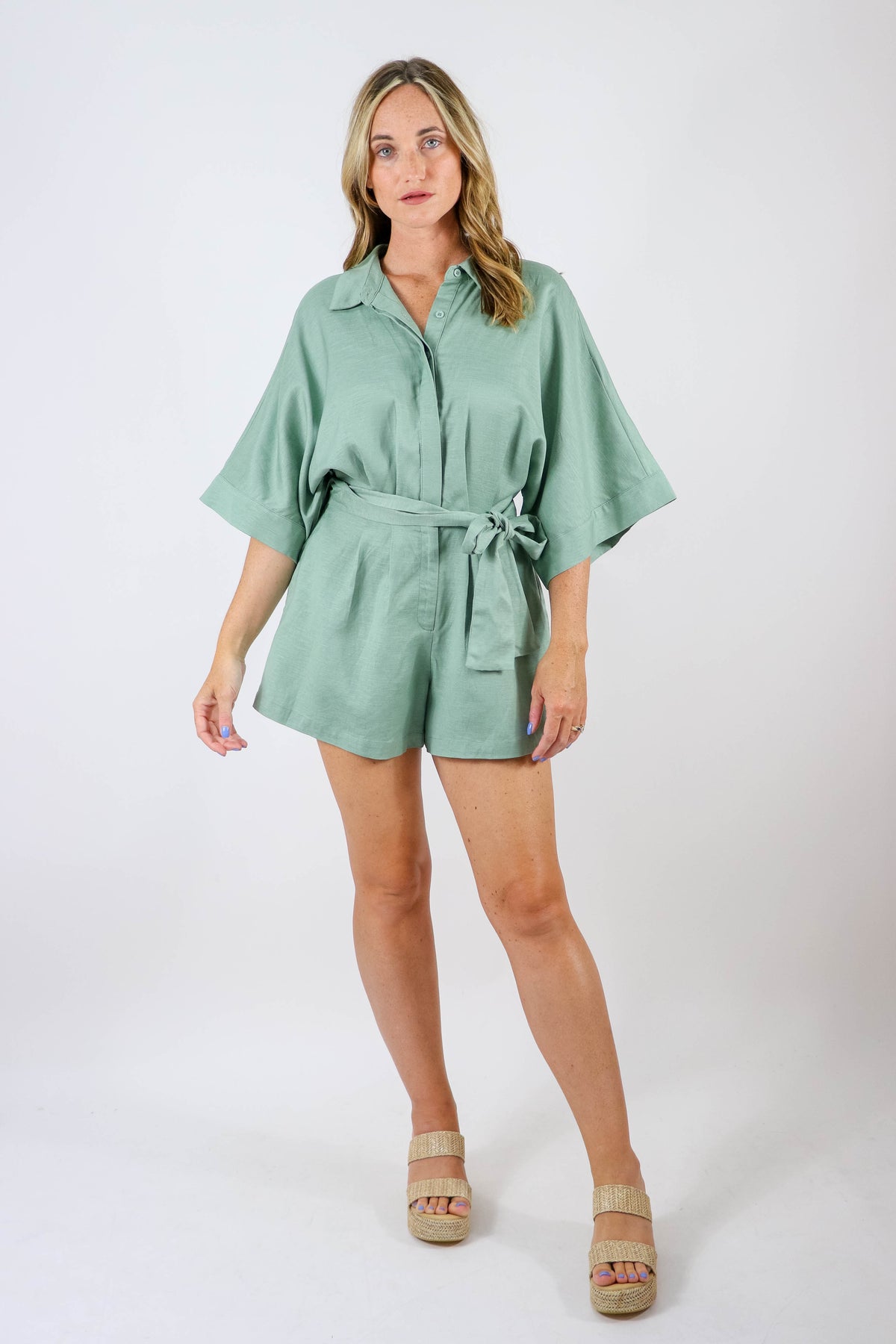 Mable | Lt. Olive Short Sleeve Romper | Sweetest Stitch Boutique