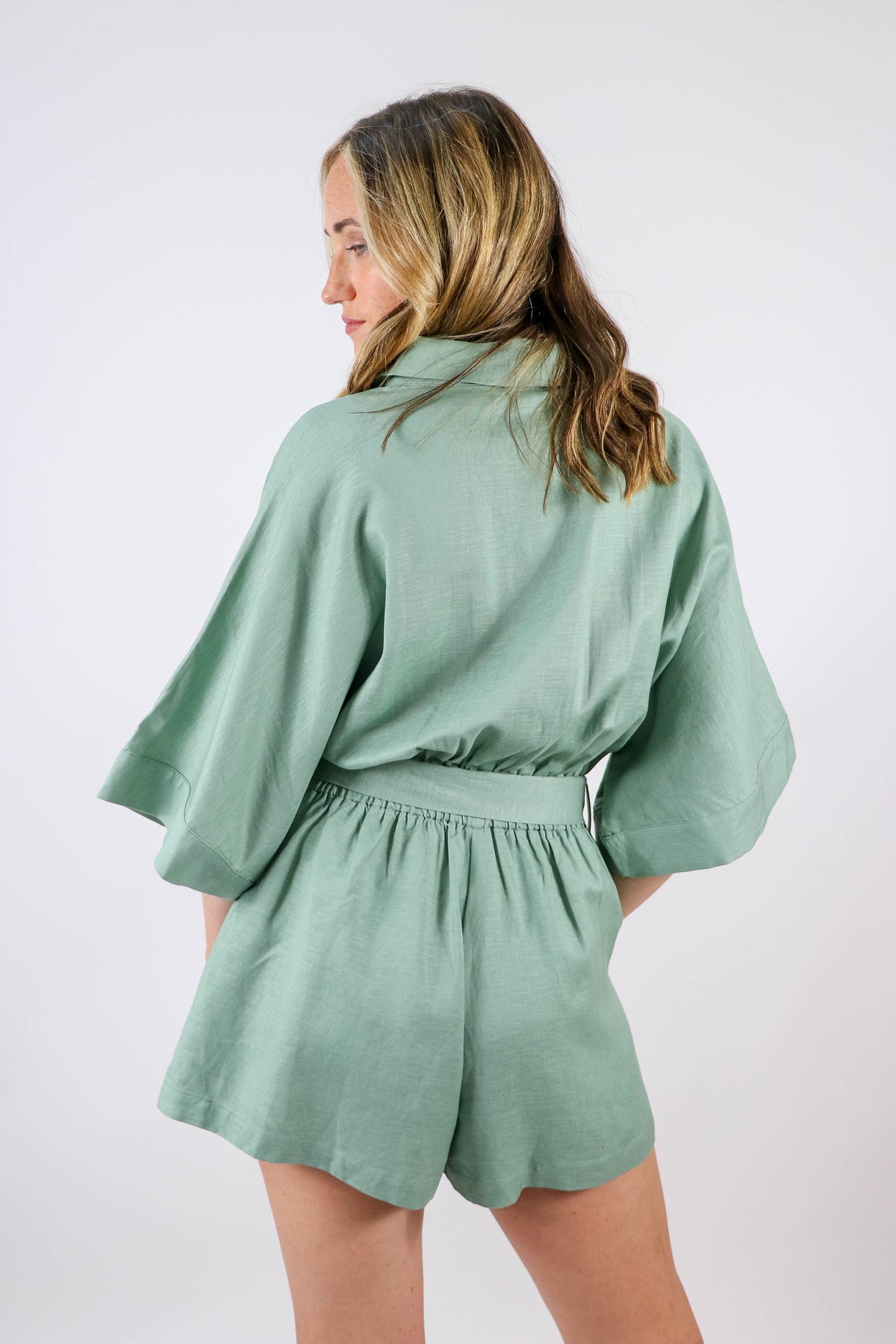 Mable | Lt. Olive Short Sleeve Romper | Sweetest Stitch Boutique