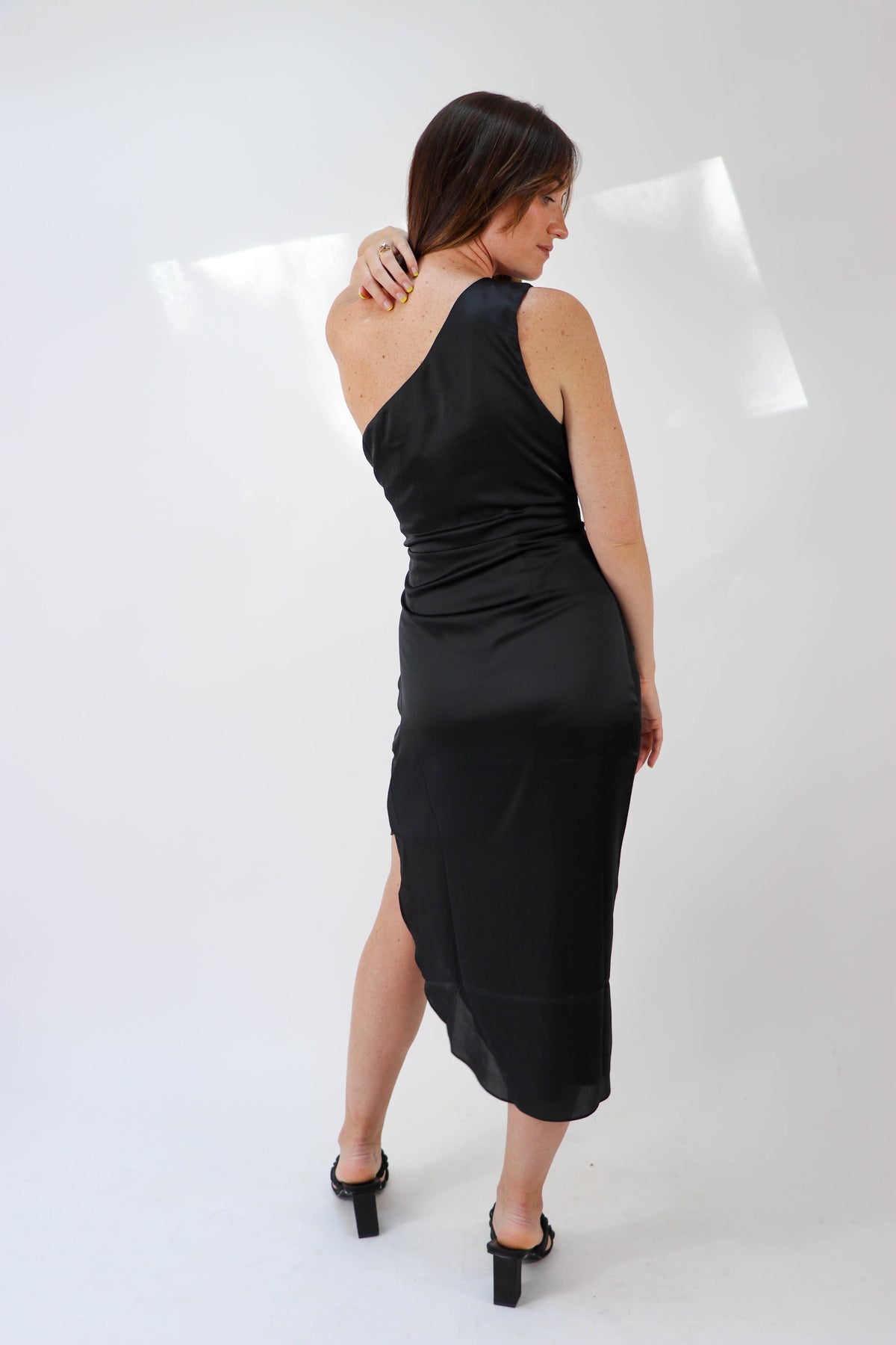 Black Satin One Shoulder Midi Dress | Sweetest Stitch Boutique