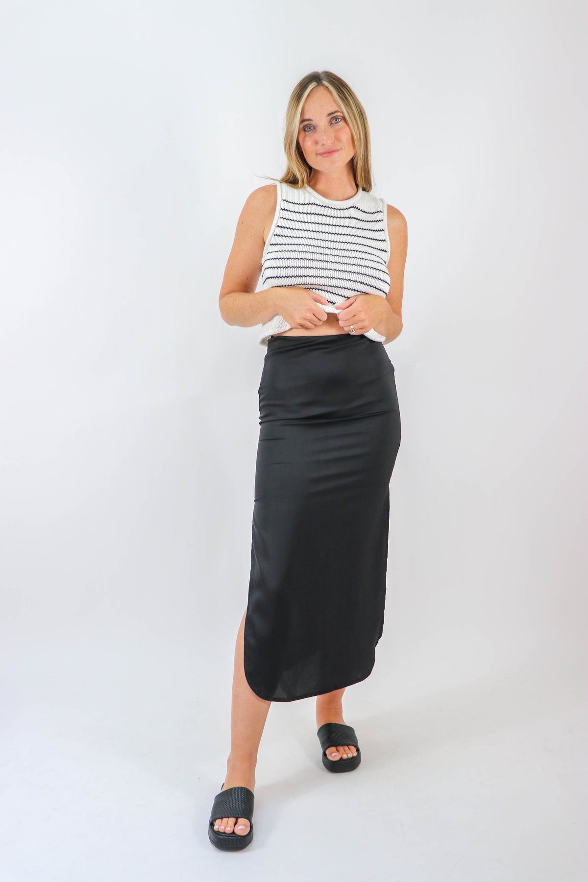 Miou Muse | Black Satin Midi Skirt | Sweetest Stitch Online Boutique