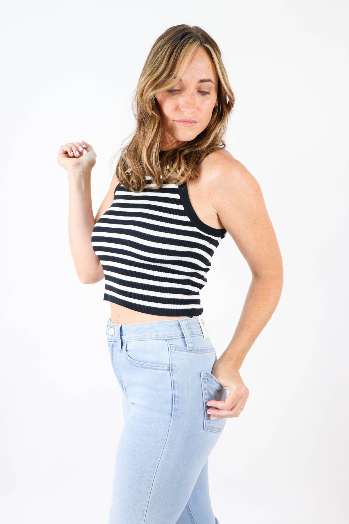 Miou Muse | Black White Striped High Neck Tank Top | Sweetest Stitch