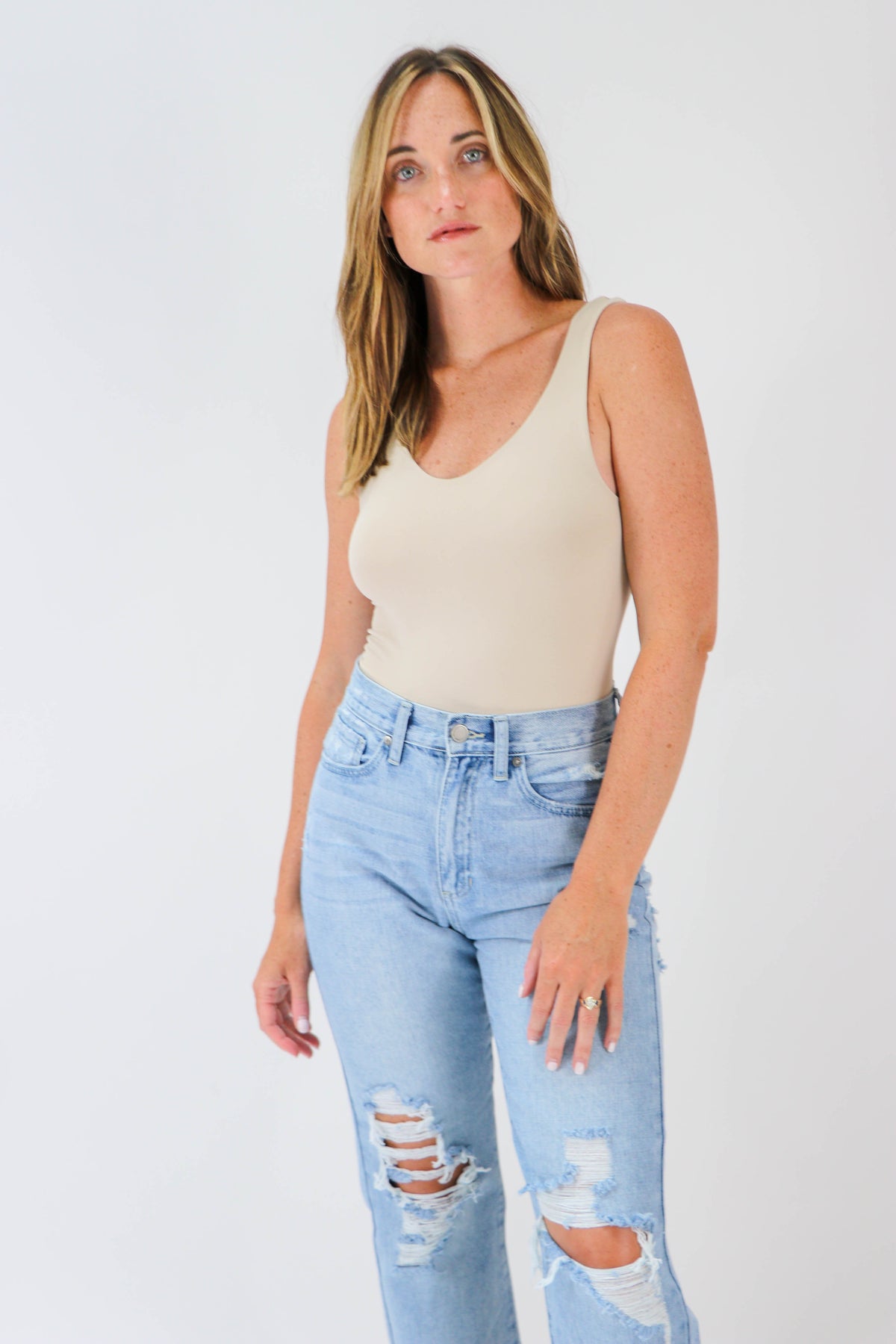 By Together | Beige V-Neck Bodysuit | Sweetest Stitch Boutique