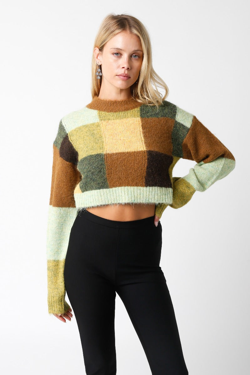 Olivaceous | Green Checkered Cropped Sweater | Sweetest Stitch