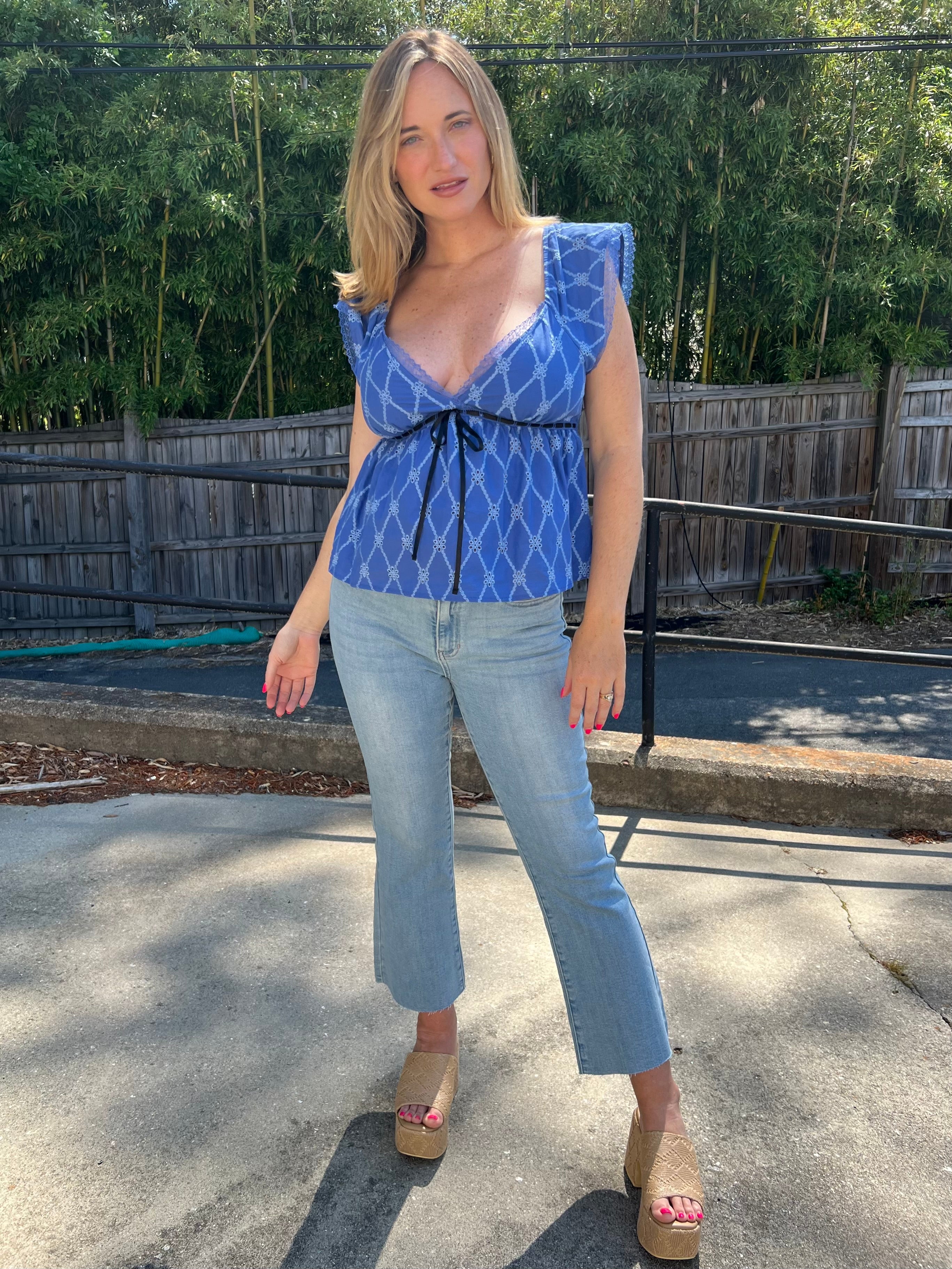 By Together | Cobalt Blue V-Neck Eyelet Top | Sweetest Stitch Boutique 