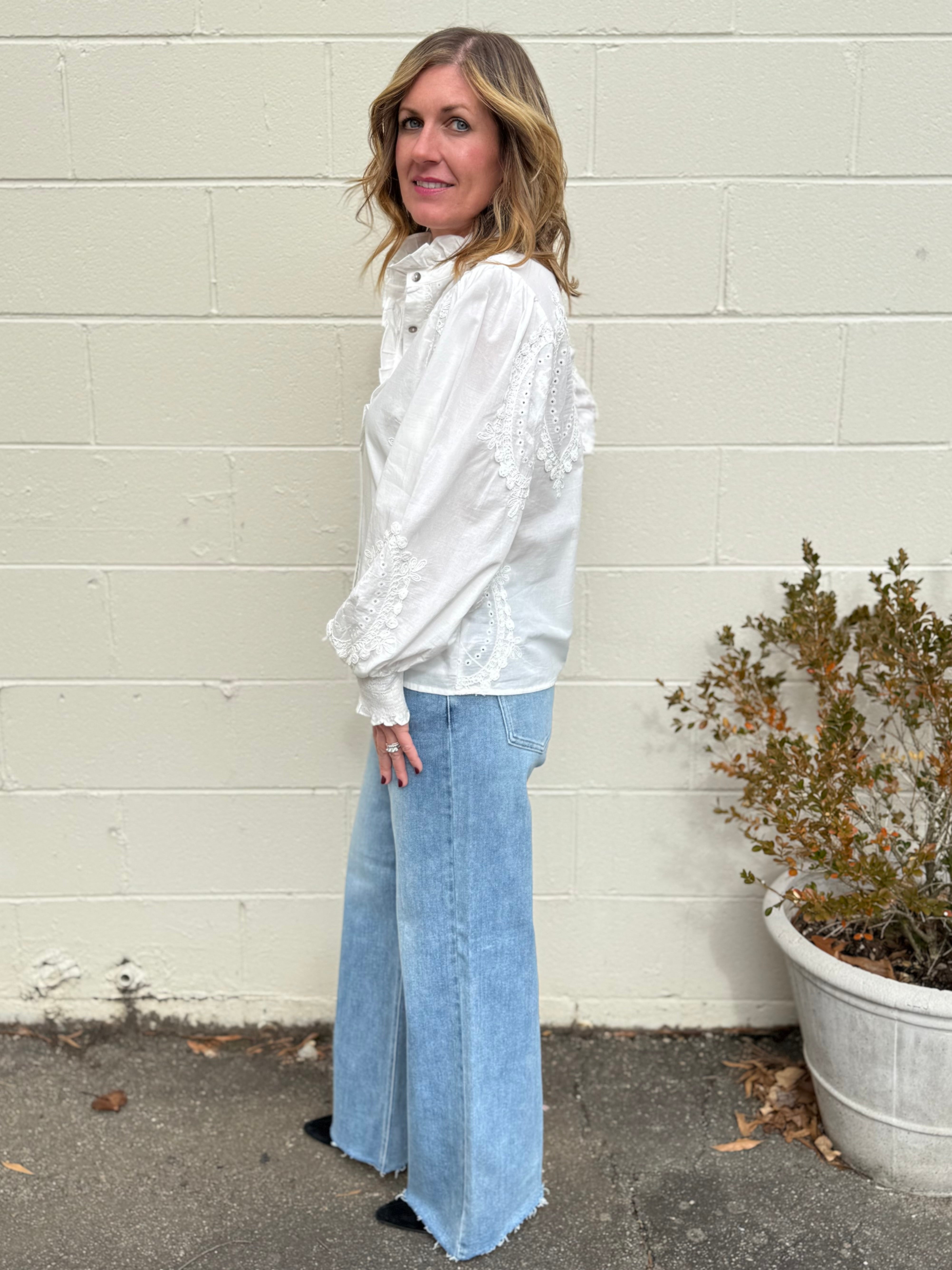 Entro | Holly Embroidered Button Front Top | Sweetest Stitch Boutique