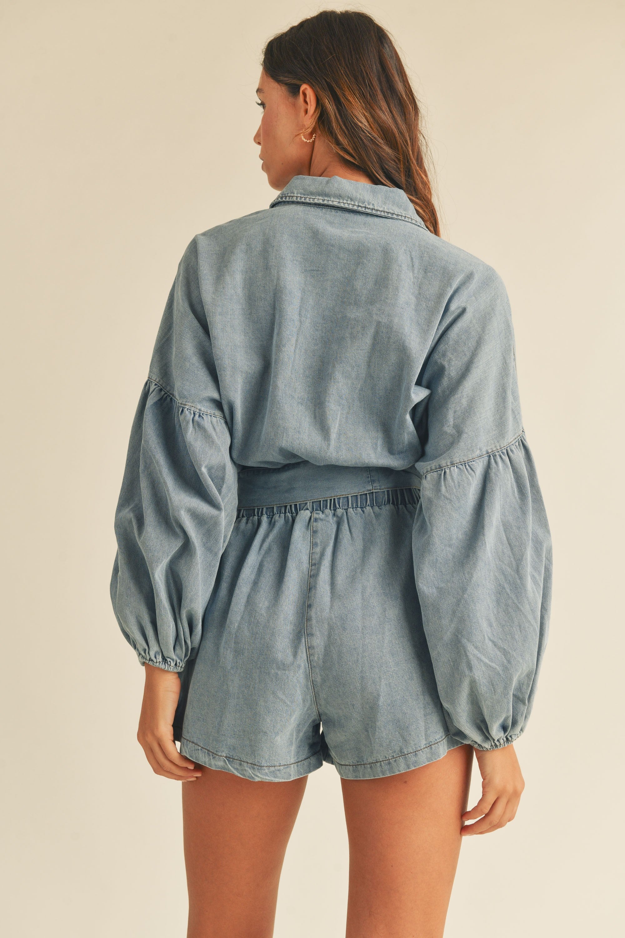 Mable | Balloon Sleeve Denim Romper | Sweetest Stitch Online 