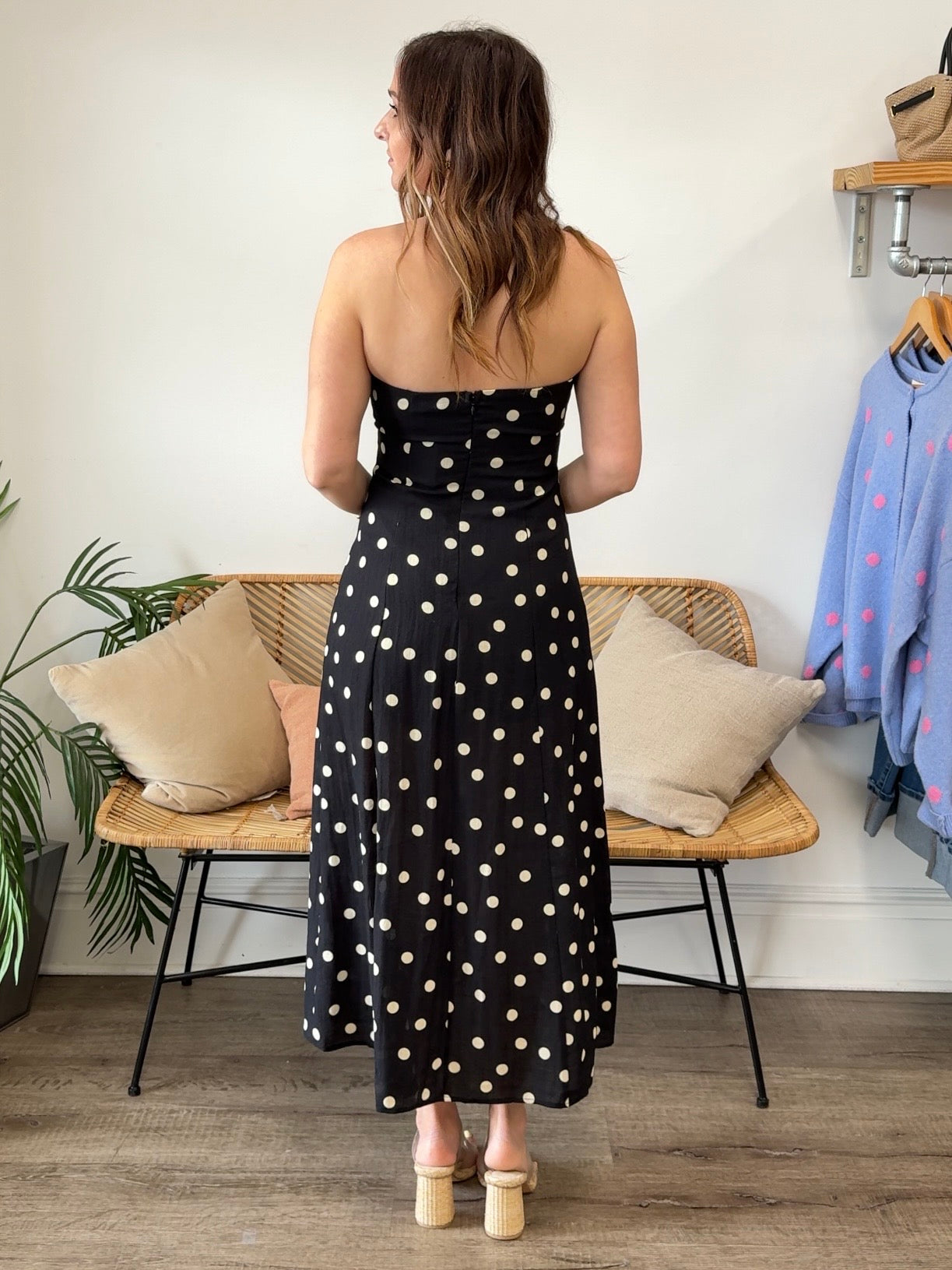 Dress Forum | Adelina Polka Dot Strapless Midi Dress | Sweetest Stitch