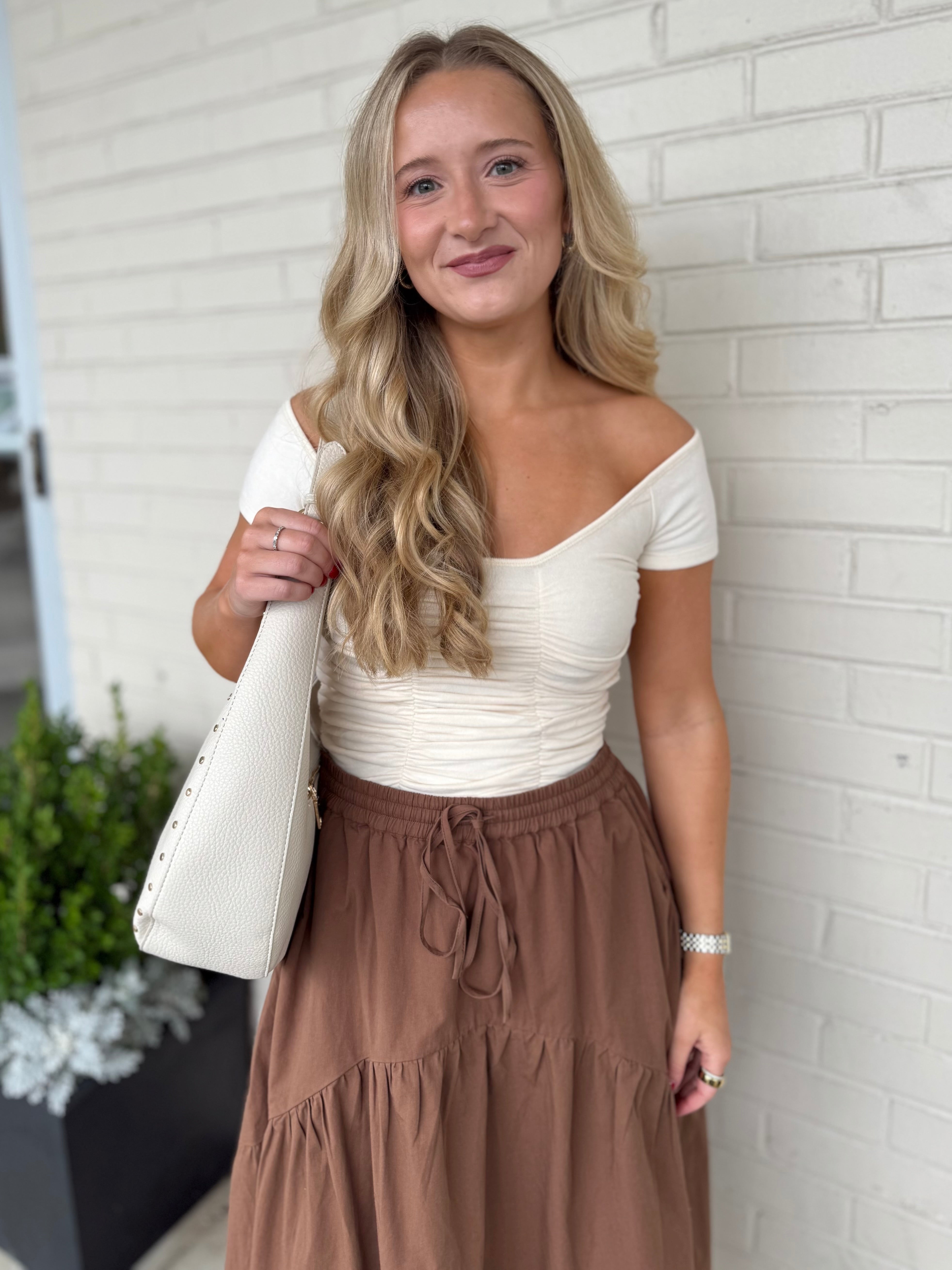 Olivaceous | Frensis Ruched Off Shoulder Top | Sweetest Stitch