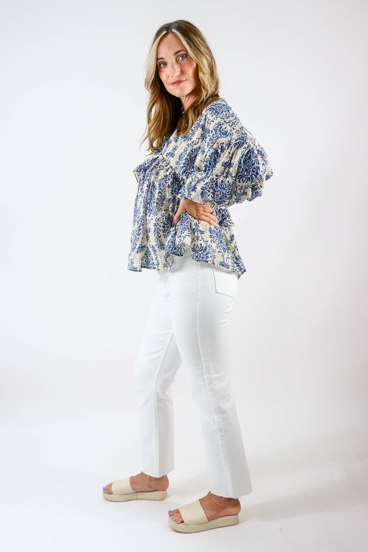 Entro Blue Print Puff Sleeve Top | Sweetest Stitch Online Boutique