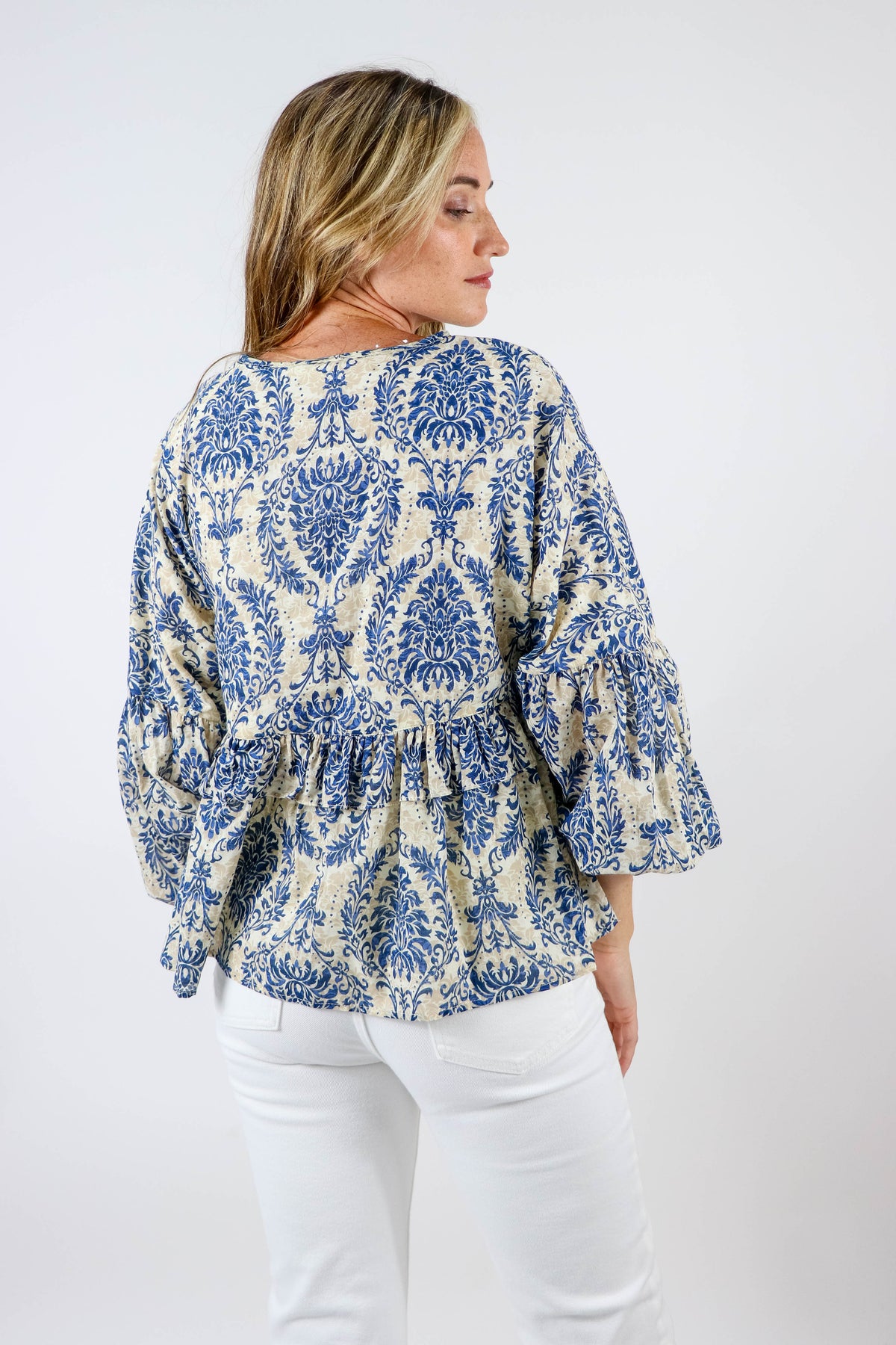 Entro Blue Print Puff Sleeve Top | Sweetest Stitch Online Boutique