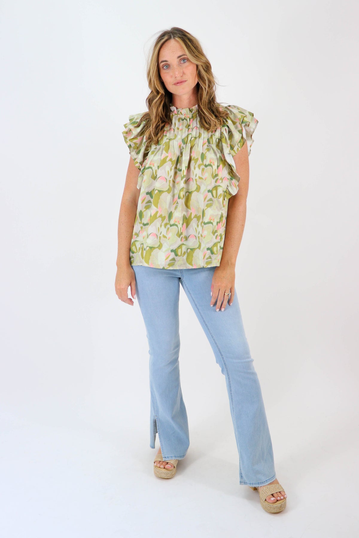 Entro Green Print Ruffle Sleeve Top | Sweetest Stitch Online Boutique