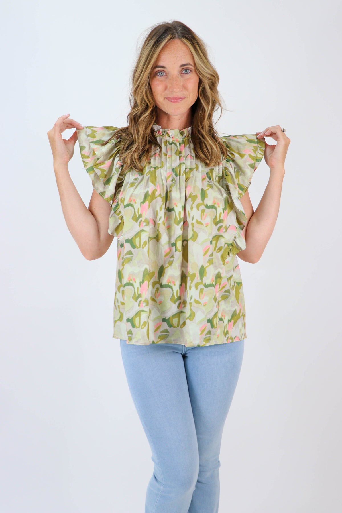 Entro Green Print Ruffle Sleeve Top | Sweetest Stitch Online Boutique