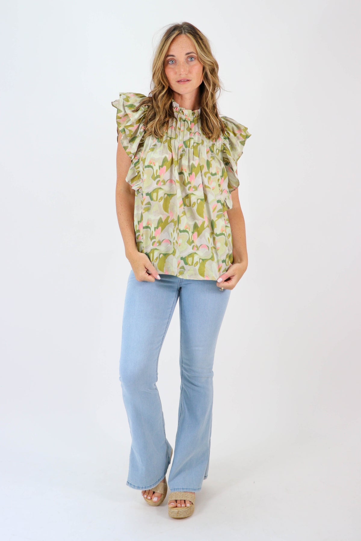 Entro Green Print Ruffle Sleeve Top | Sweetest Stitch Online Boutique