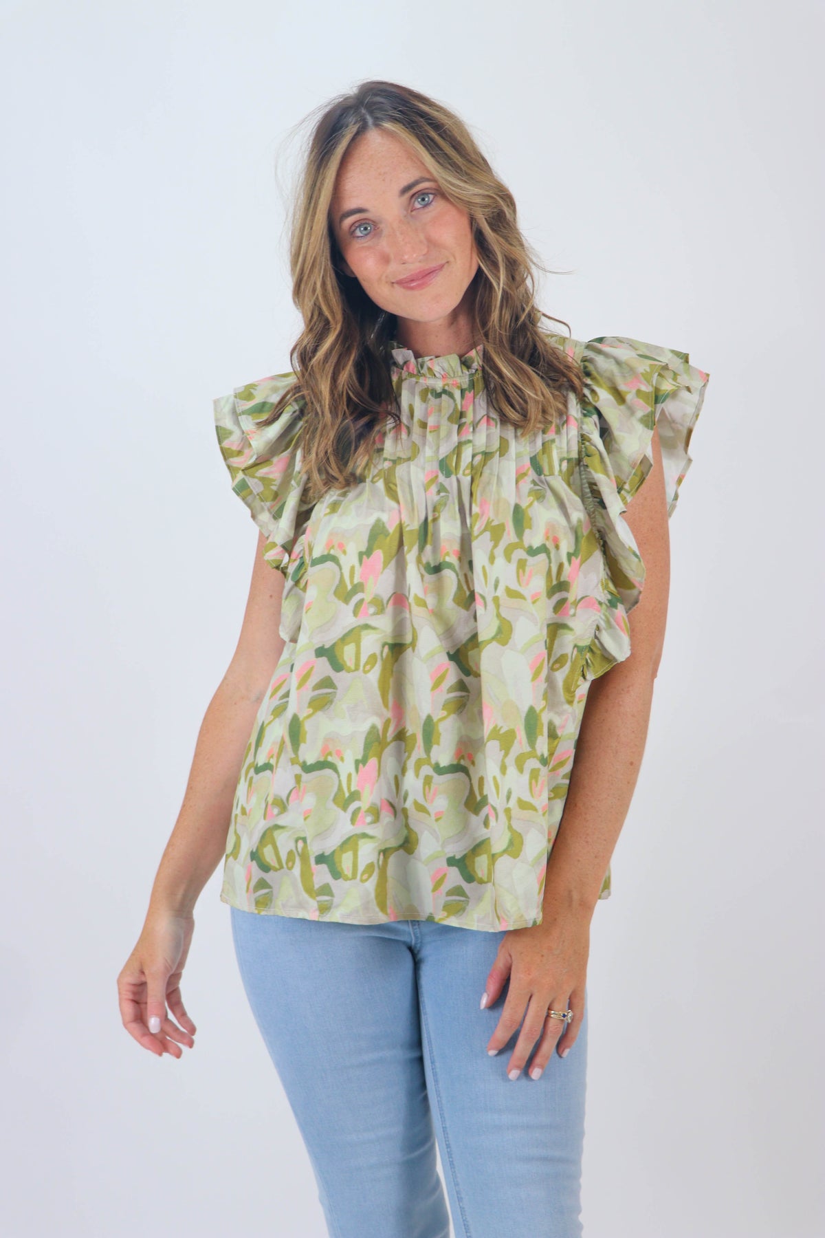 Entro Green Print Ruffle Sleeve Top | Sweetest Stitch Online Boutique