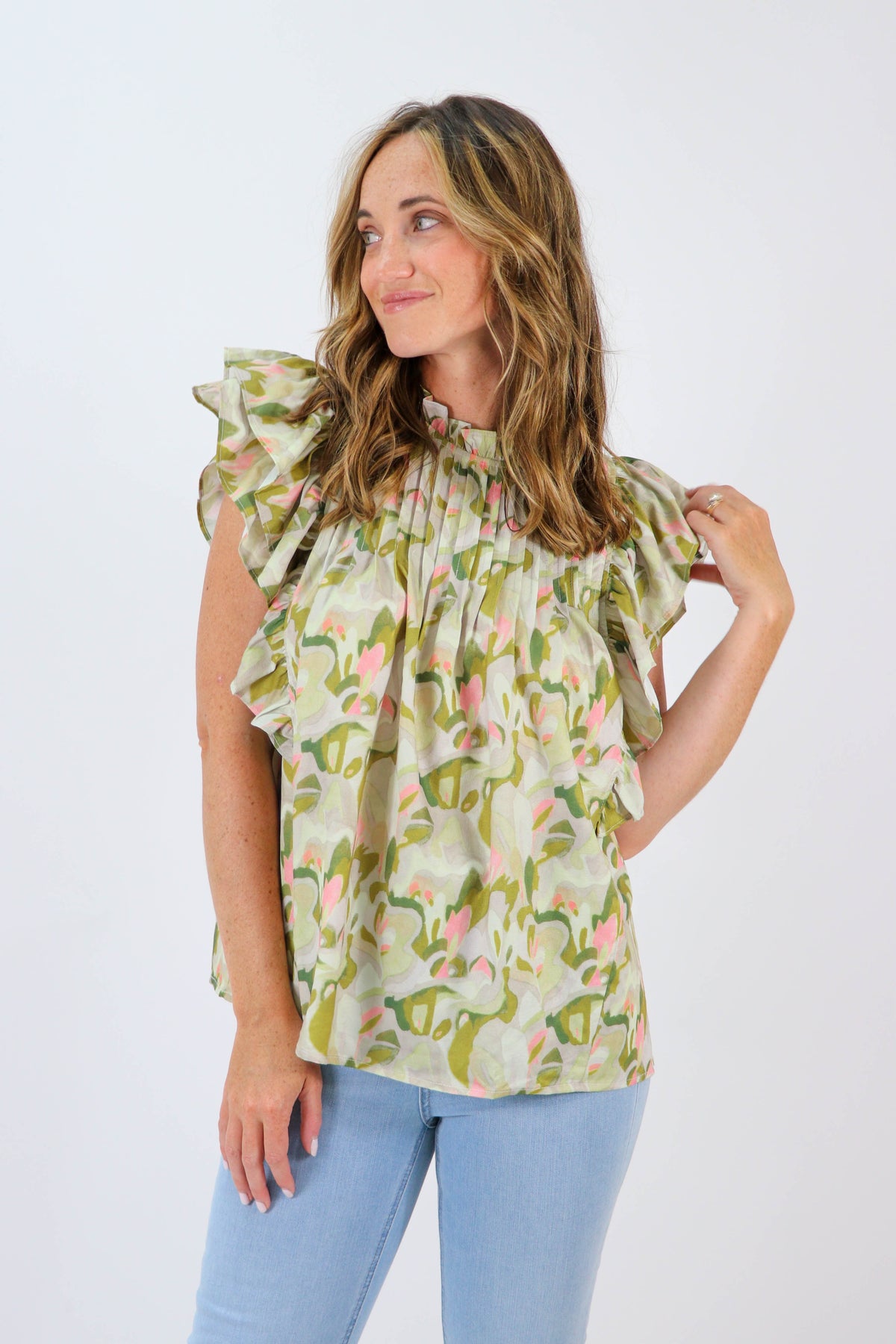 Entro Green Print Ruffle Sleeve Top | Sweetest Stitch Online Boutique