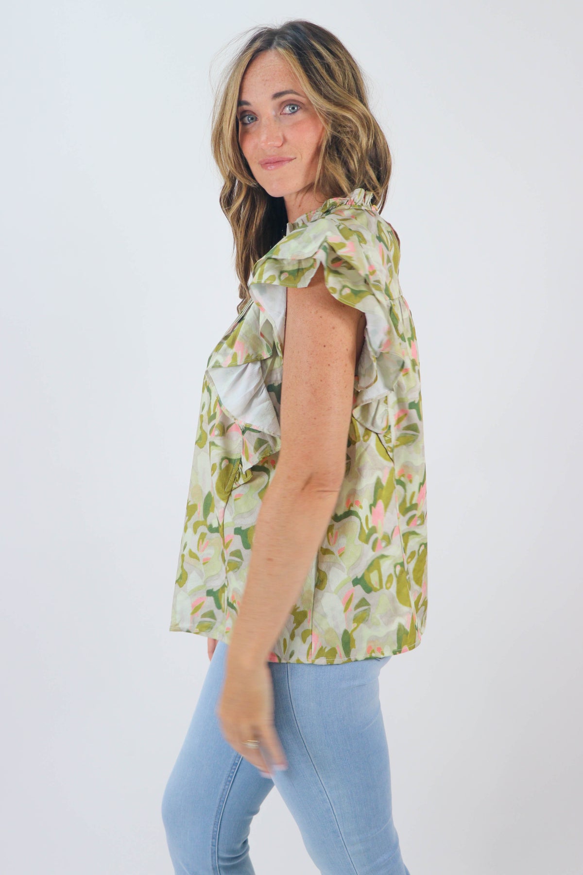 Entro Green Print Ruffle Sleeve Top | Sweetest Stitch Online Boutique