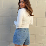 Miou Muse | Floral Embroidered Denim Shorts | Sweetest Stitch