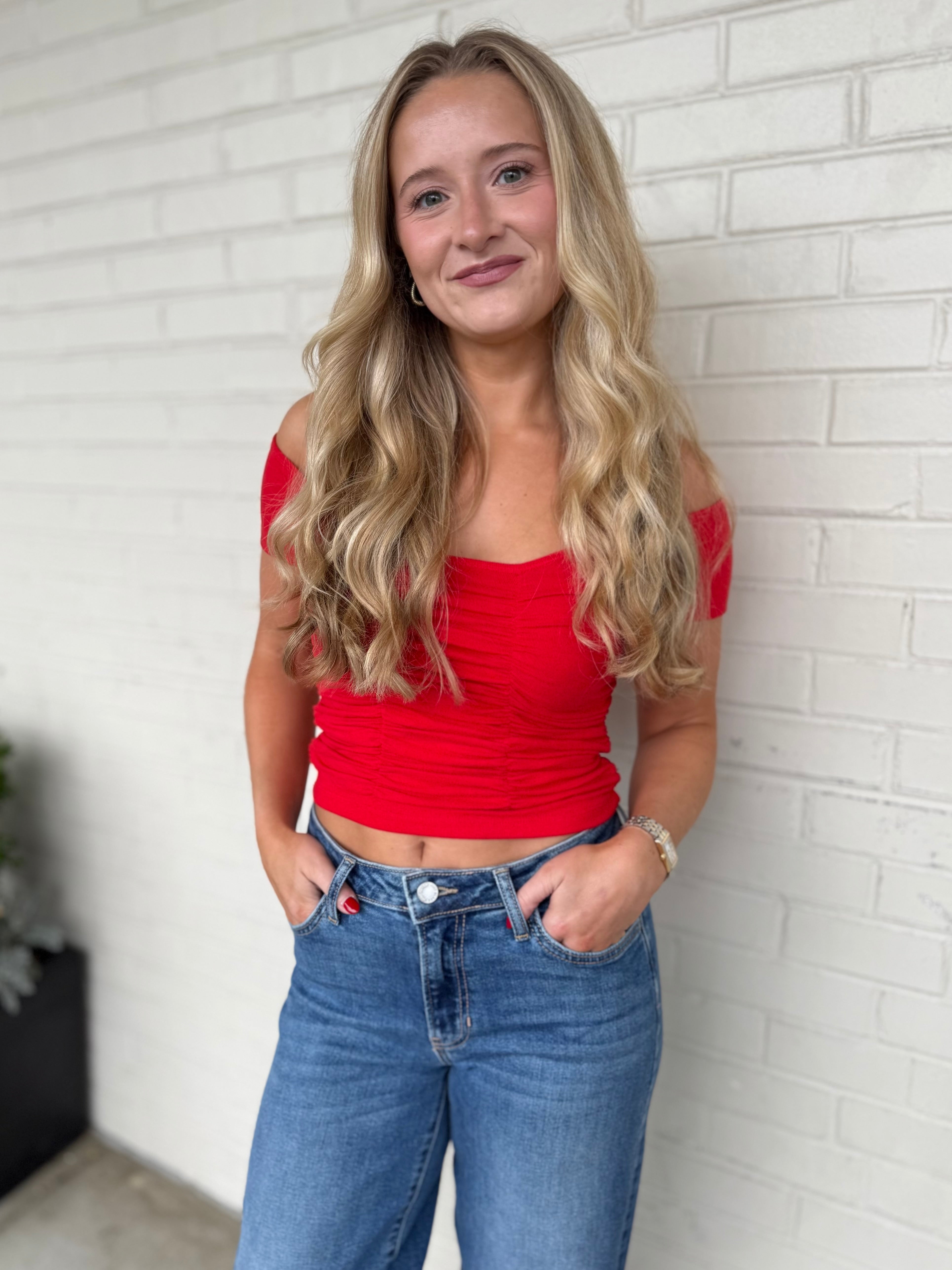 Olivaceous | Frensis Ruched Off Shoulder Top | Sweetest Stitch