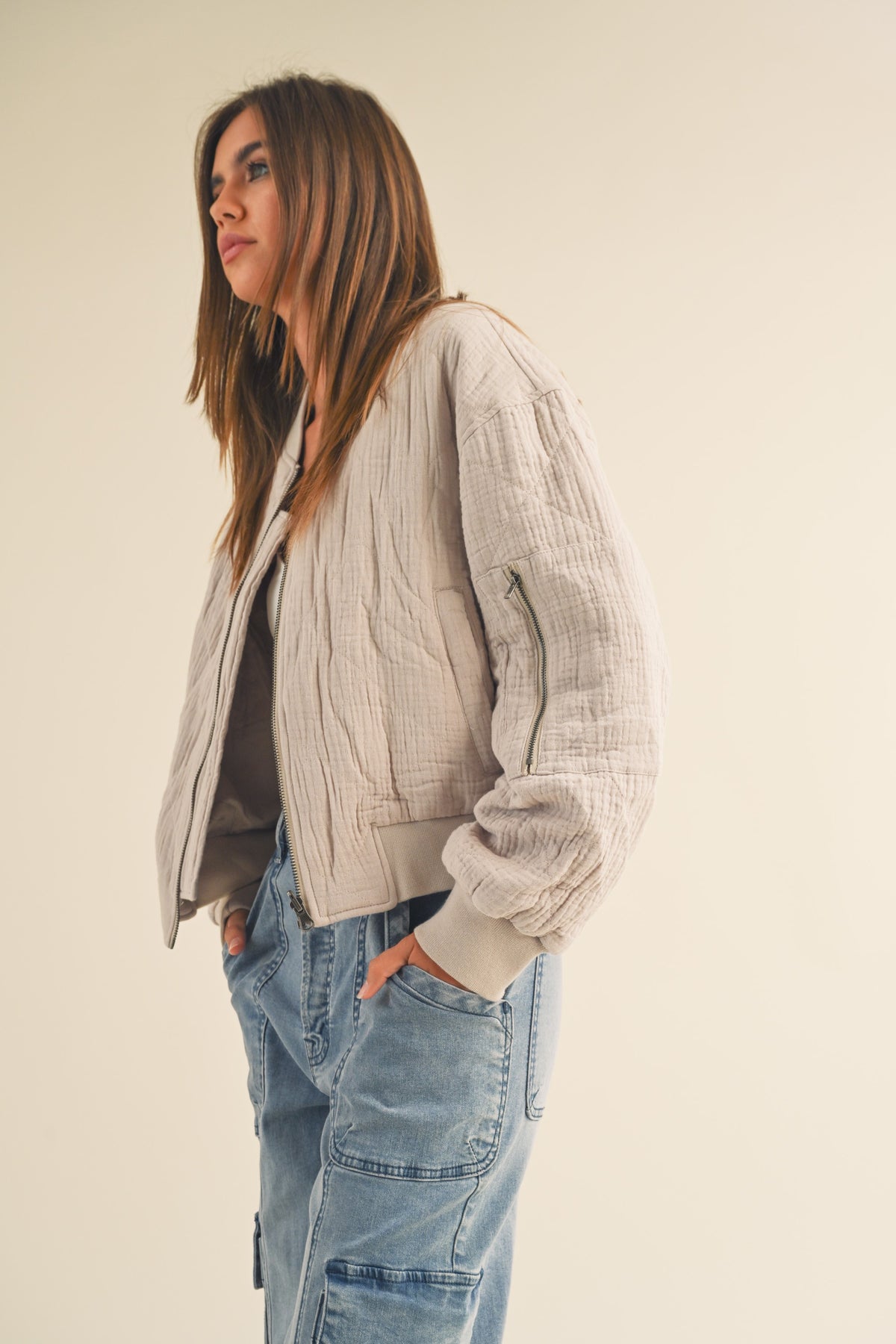 Miou Muse | Women&#39;s Gauze Fabric Bomber Jacket | Sweetest Stitch