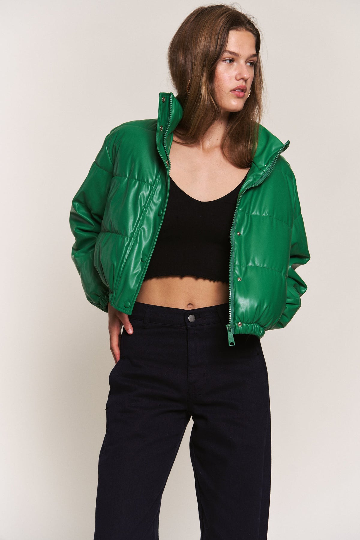 J.NNA | Green Faux Leather Puffer Jacket | Sweetest Stitch Online 