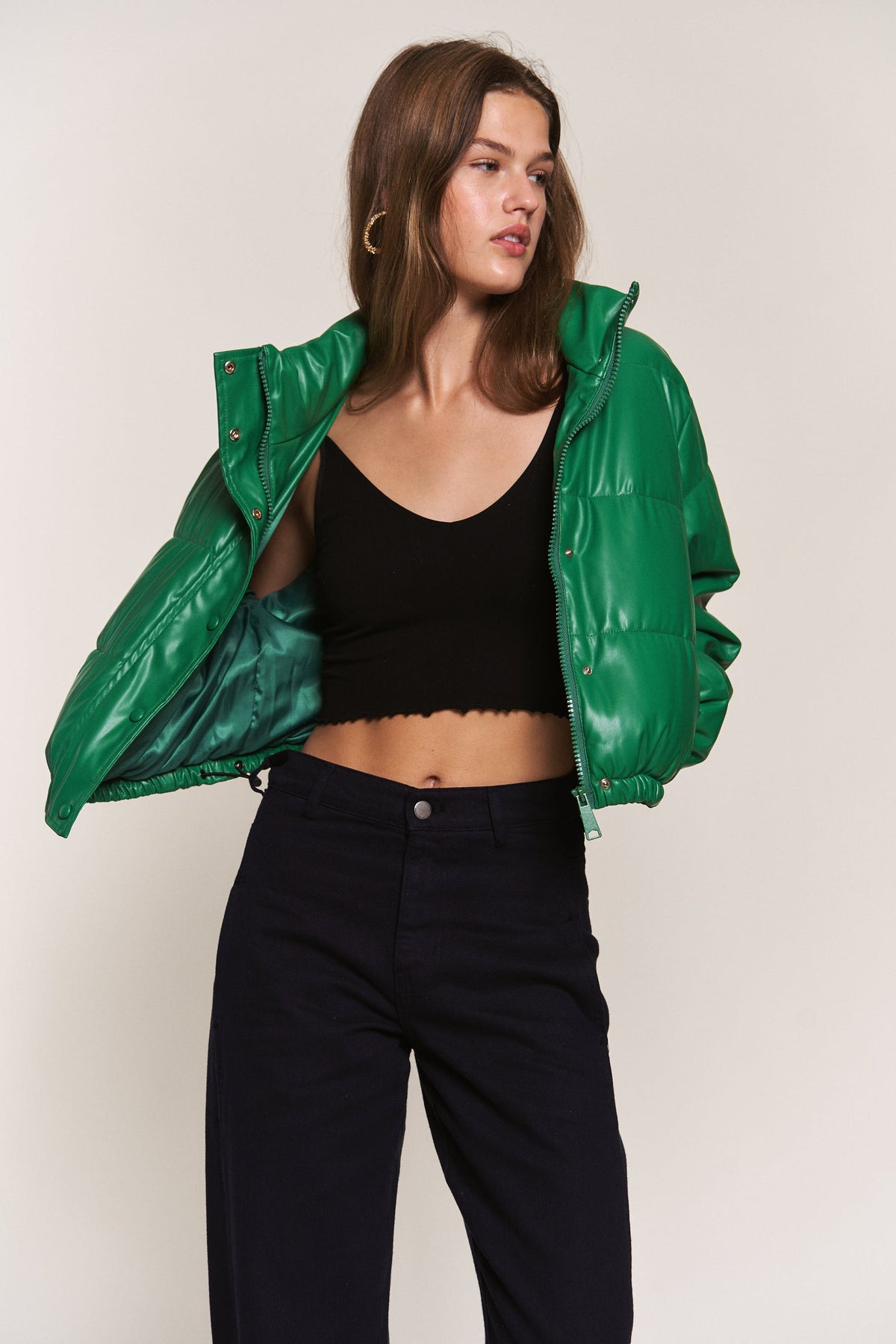 J.NNA | Green Faux Leather Puffer Jacket | Sweetest Stitch Online 