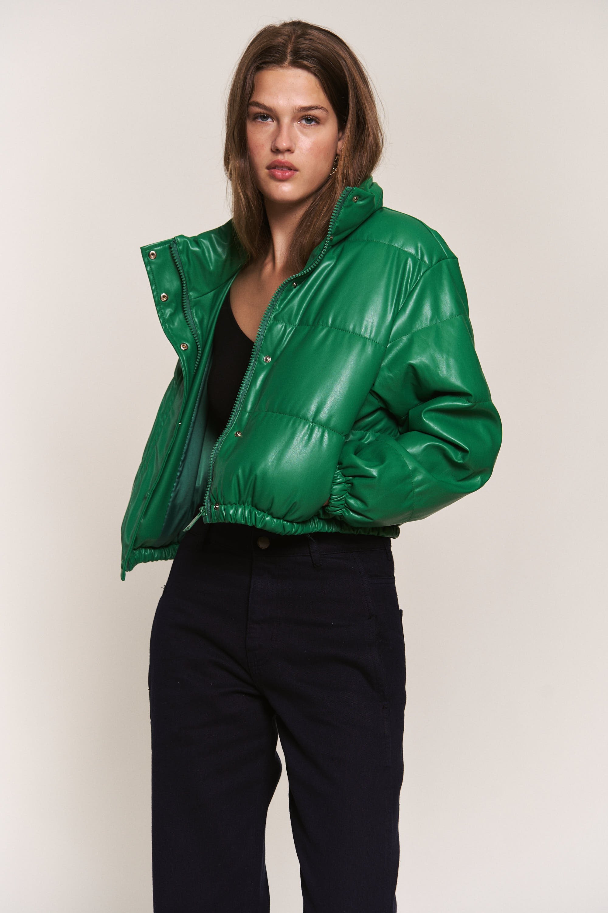 J.NNA | Green Faux Leather Puffer Jacket | Sweetest Stitch Online 