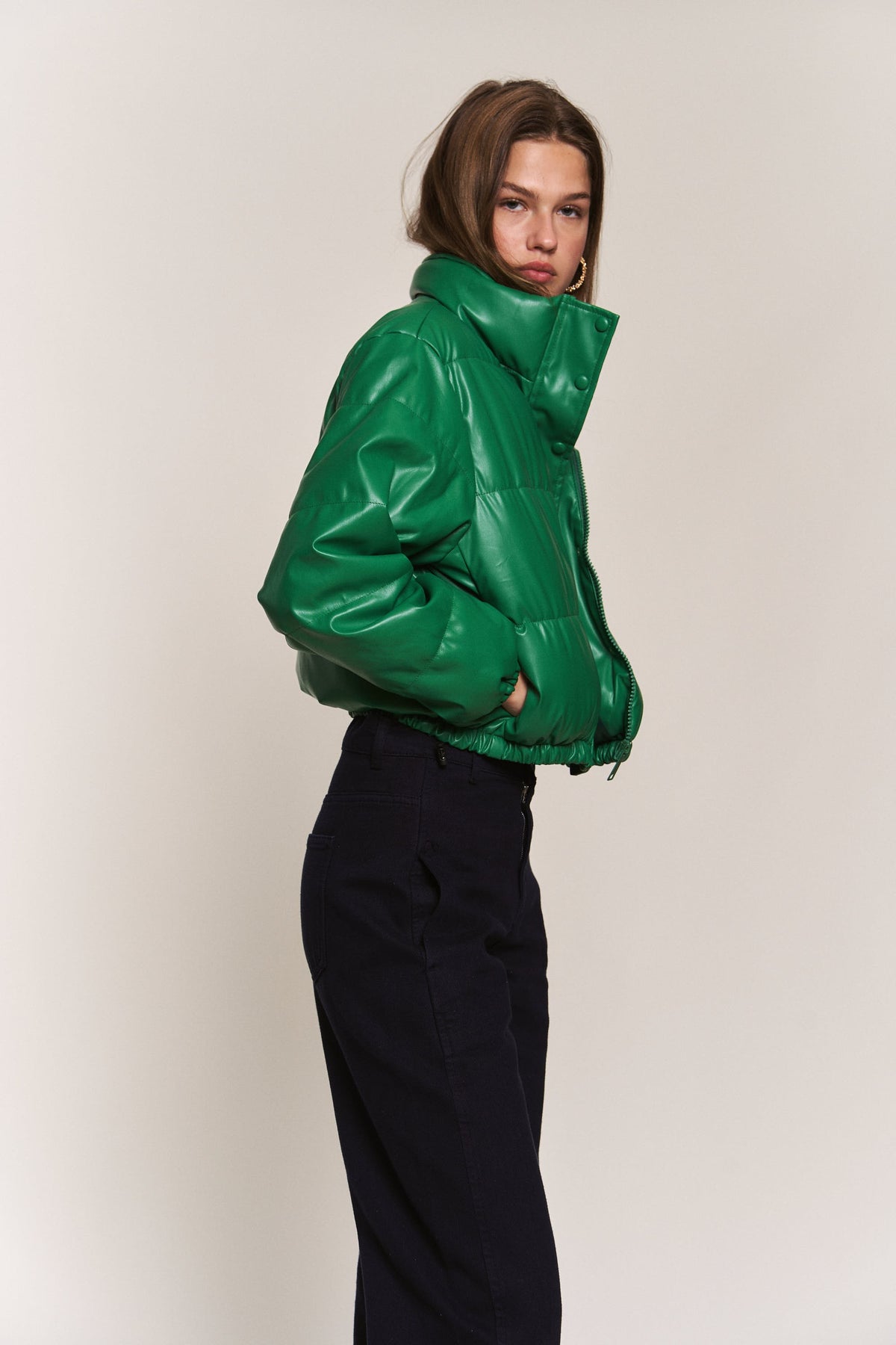 J.NNA | Green Faux Leather Puffer Jacket | Sweetest Stitch Online 