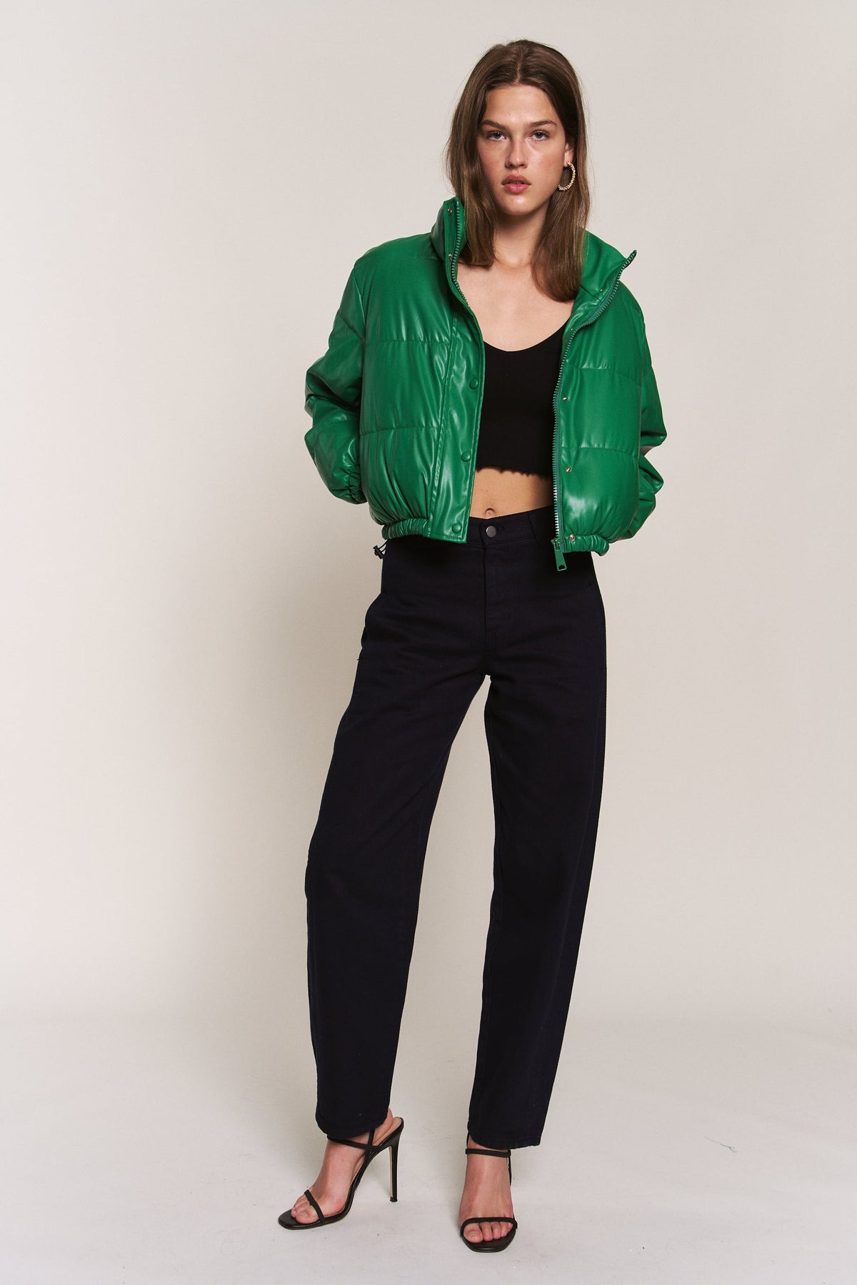 J.NNA | Green Faux Leather Puffer Jacket | Sweetest Stitch Online 