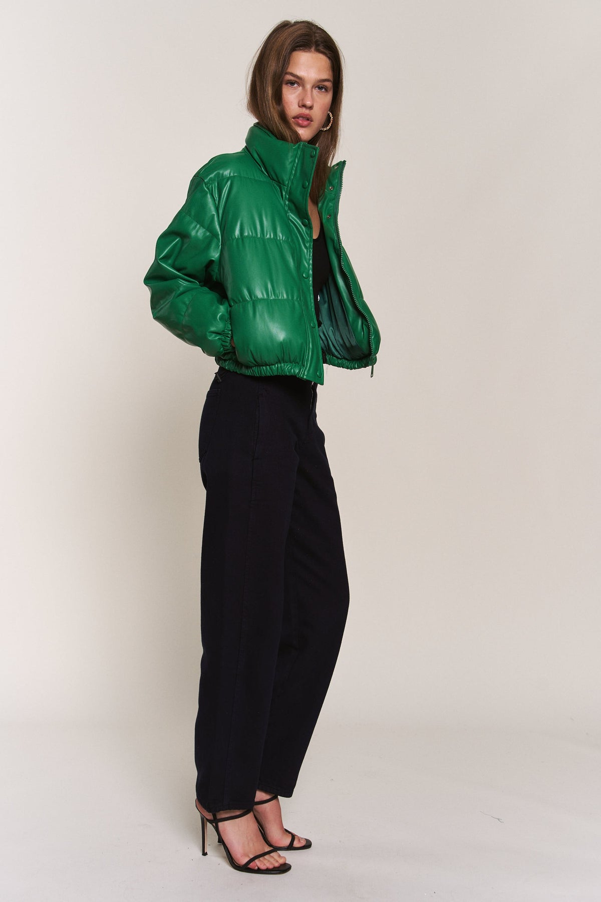 J.NNA | Green Faux Leather Puffer Jacket | Sweetest Stitch Online 