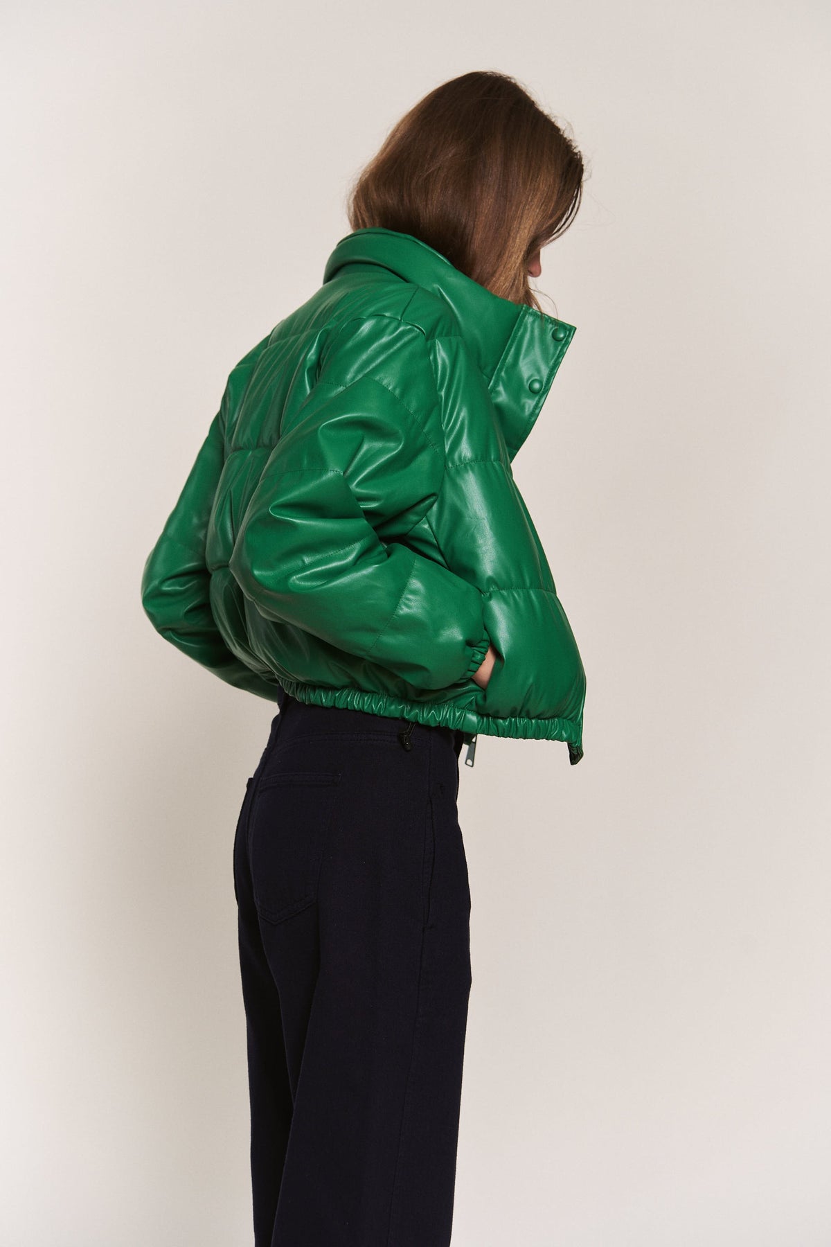 J.NNA | Green Faux Leather Puffer Jacket | Sweetest Stitch Online 