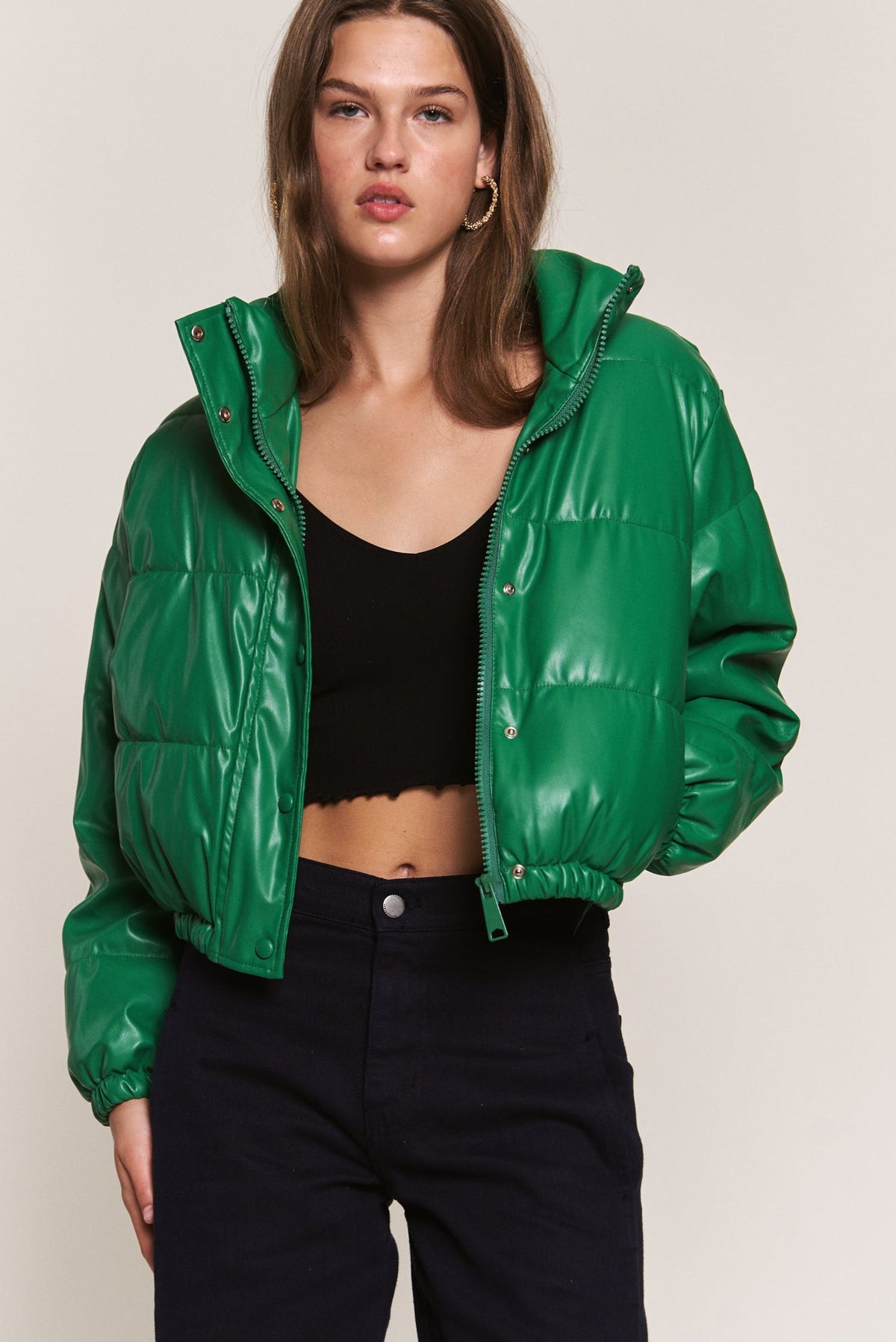 J.NNA | Green Faux Leather Puffer Jacket | Sweetest Stitch Online 