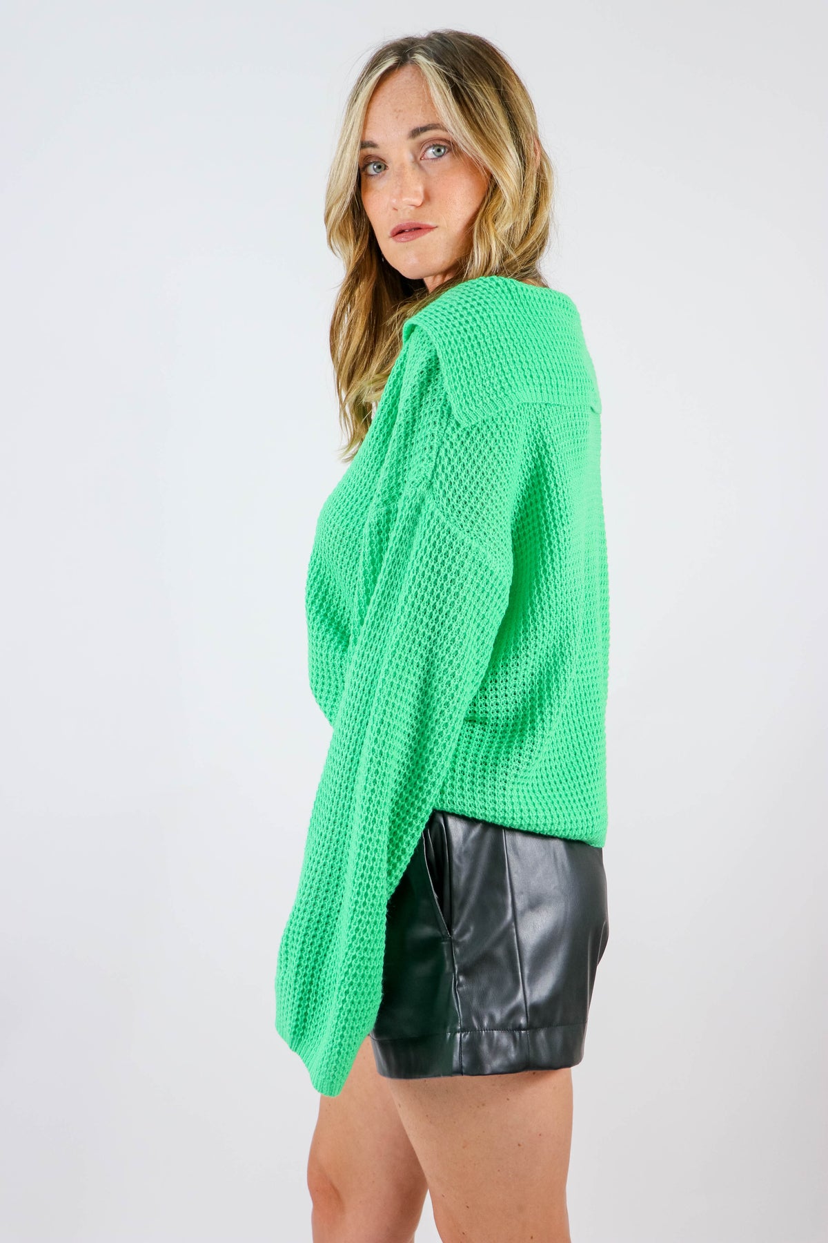 She + Sky | Green Waffle Knit Bell Sleeve Sweater | Sweetest Stitch