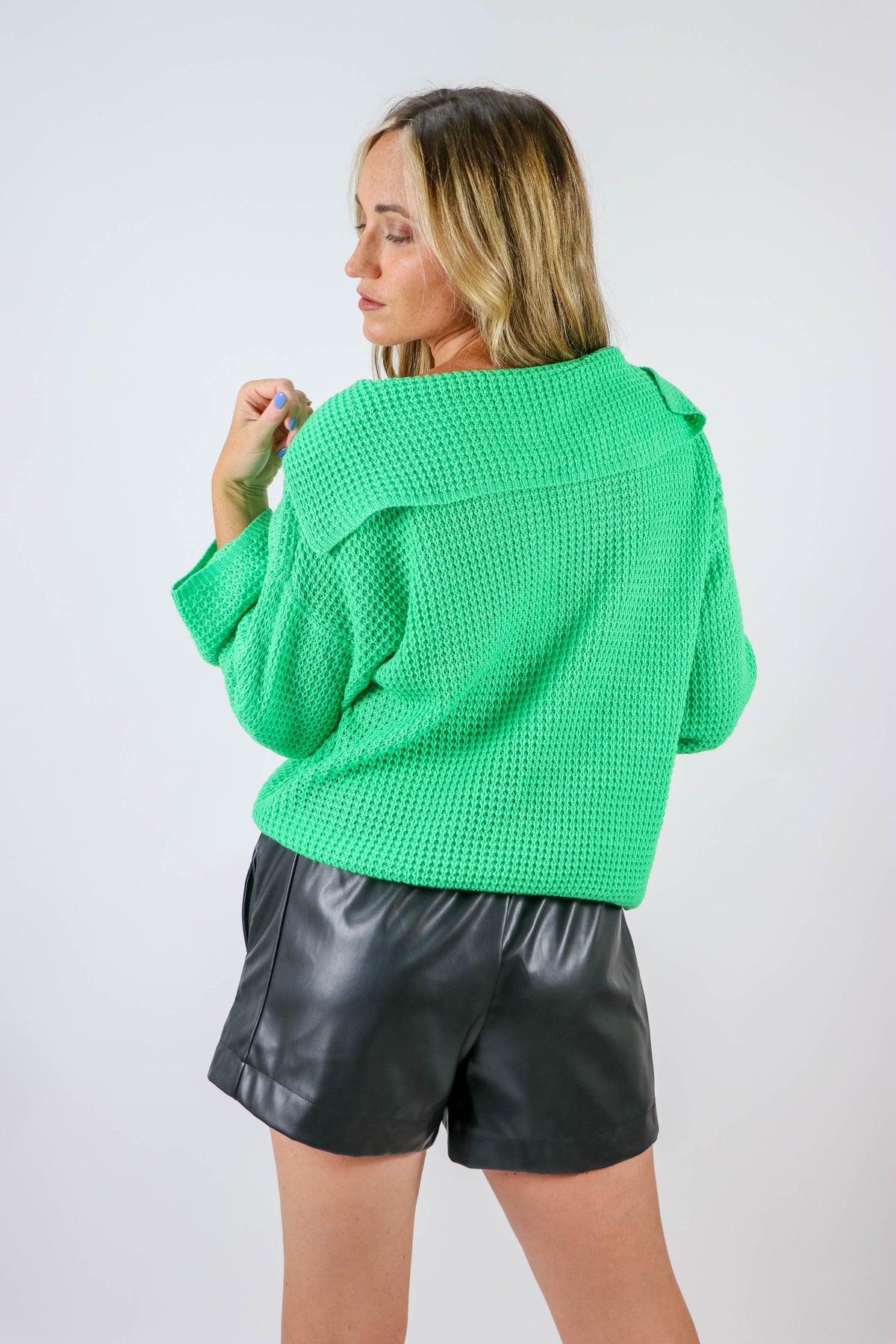 She + Sky | Green Waffle Knit Bell Sleeve Sweater | Sweetest Stitch
