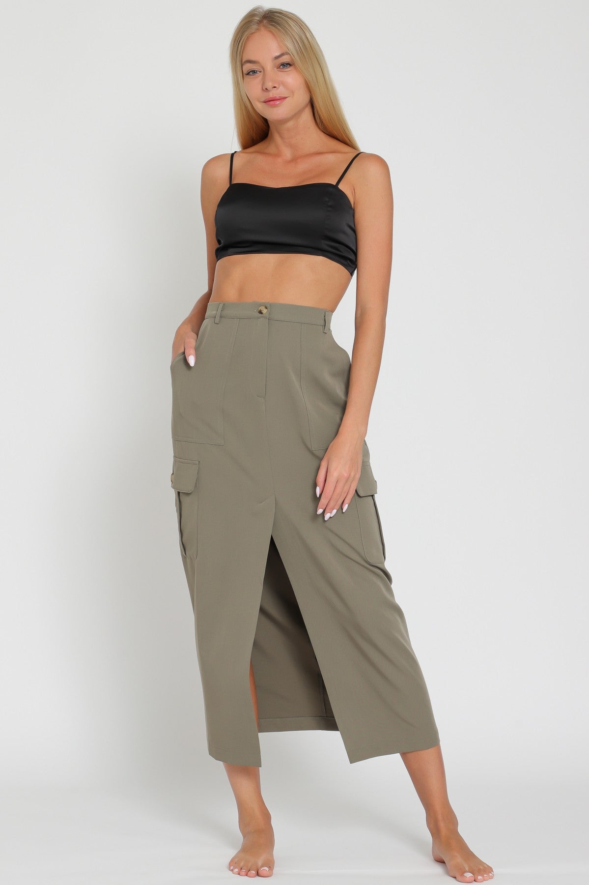 Aakaa | Olive Midi Cargo Skirt | Sweetest Stitch Online Boutique