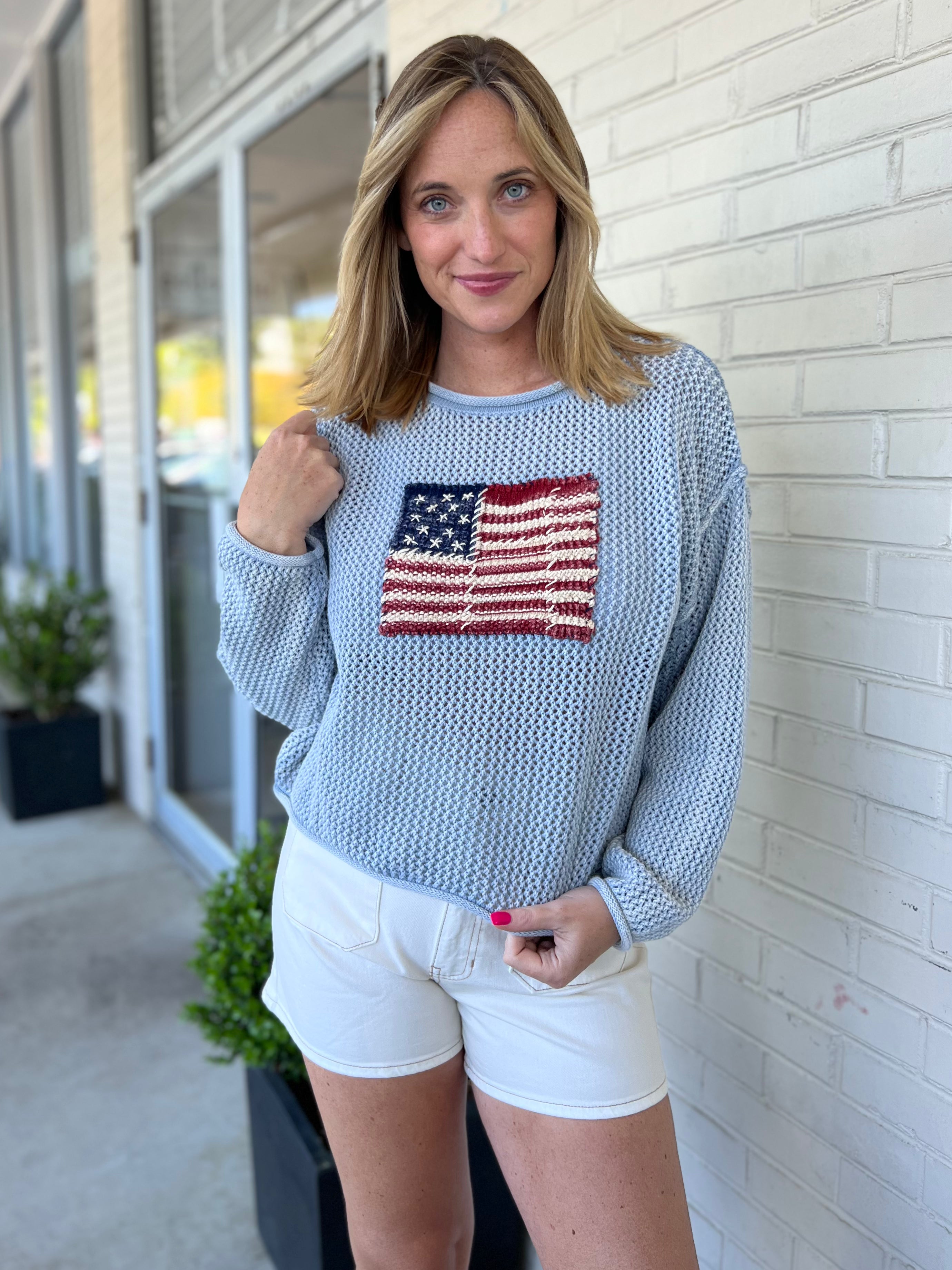 Miou Muse | Blue Flag Knit Sweater | Sweetest Stitch Boutique