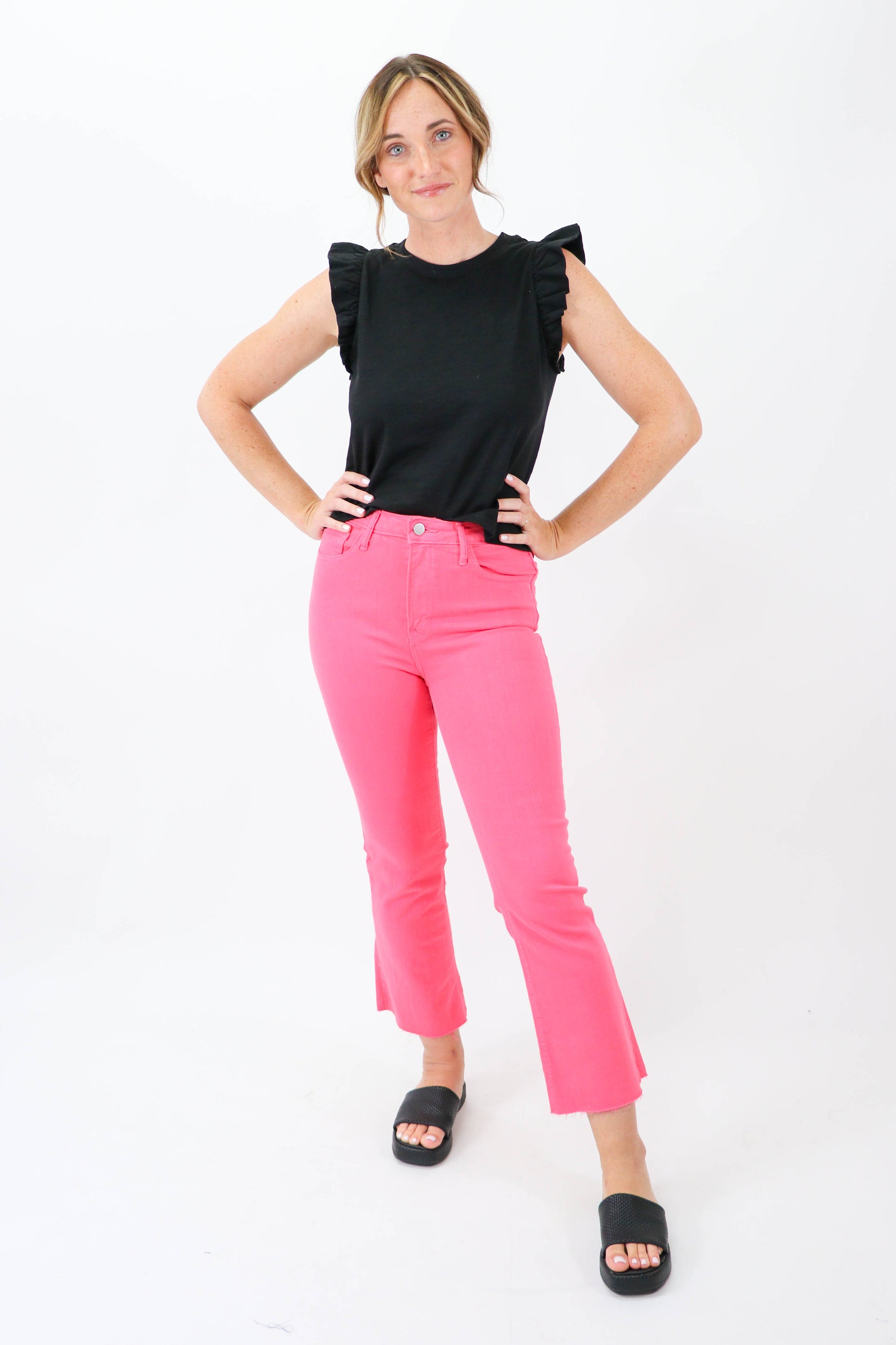 Just Black Denim | Crop Flare Pink Jeans | Sweetest Stitch Boutique