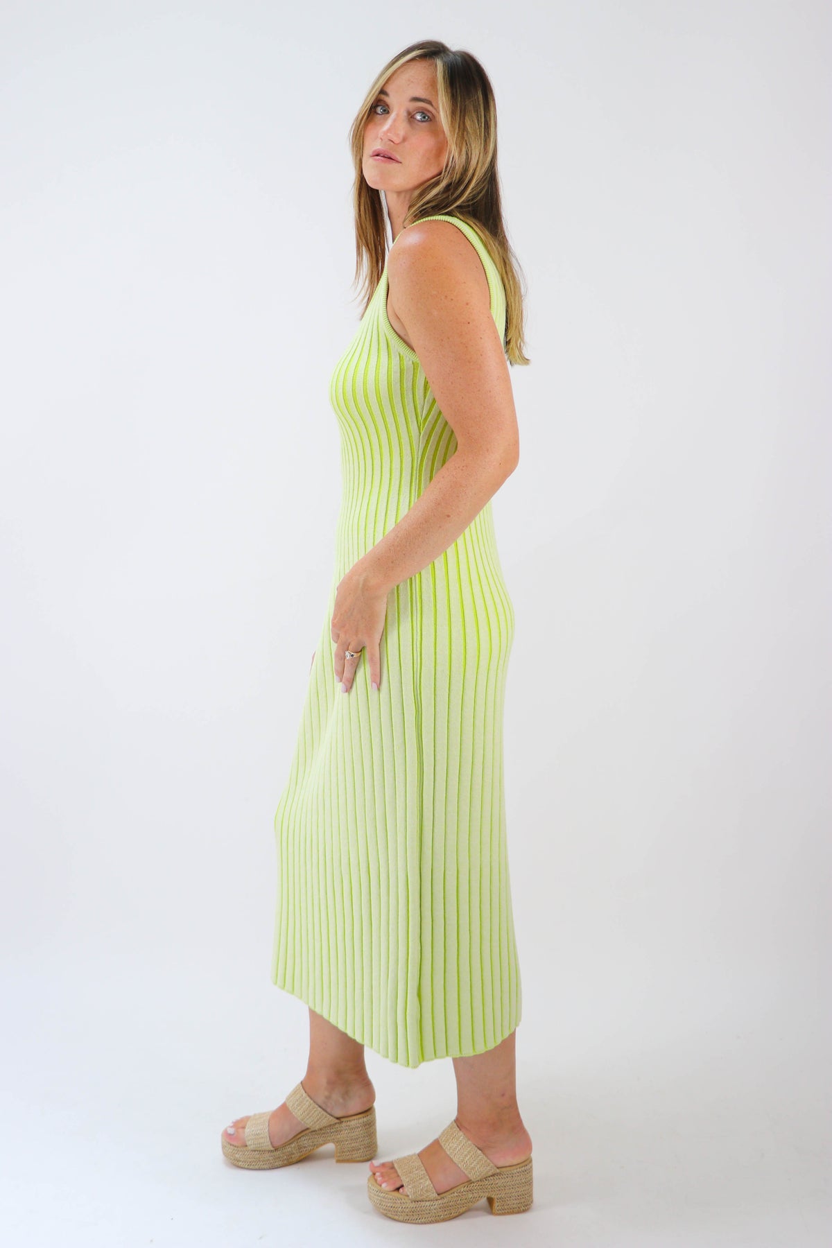 By Together | Lime Green Ribbed Midi Dress | Sweetest Stitch