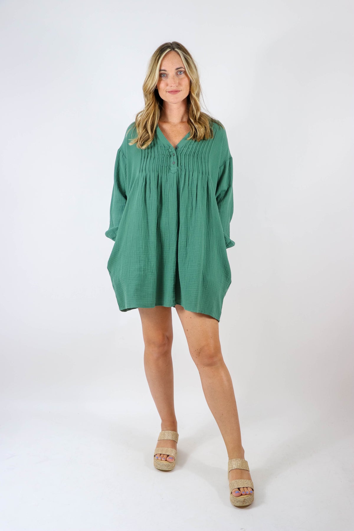 Entro Long Sleeve Green Gauze Dress | Sweetest Stitch Boutique