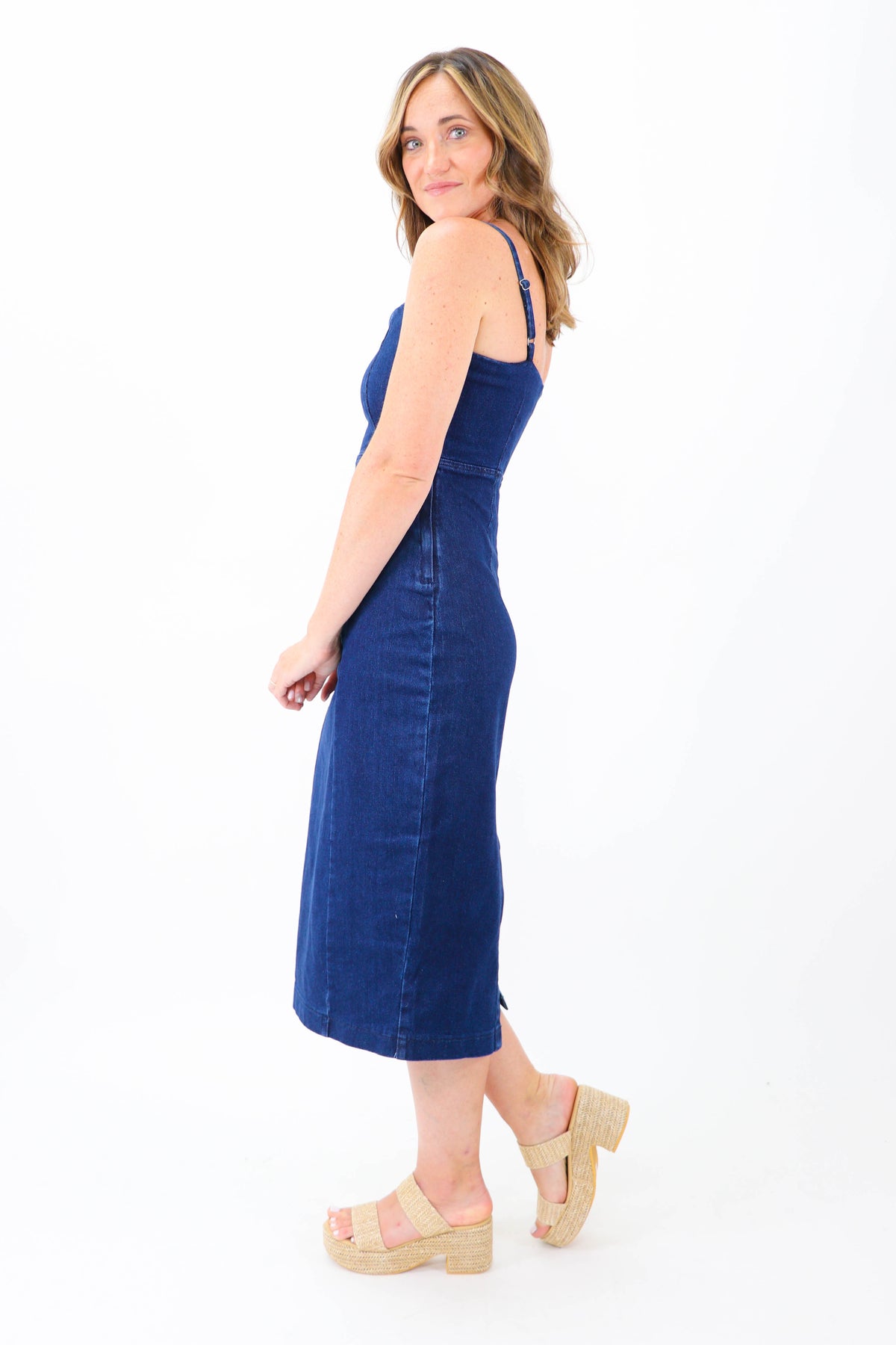 Miou Muse | Midi Length Denim Dress | Sweetest Stitch Online Boutique