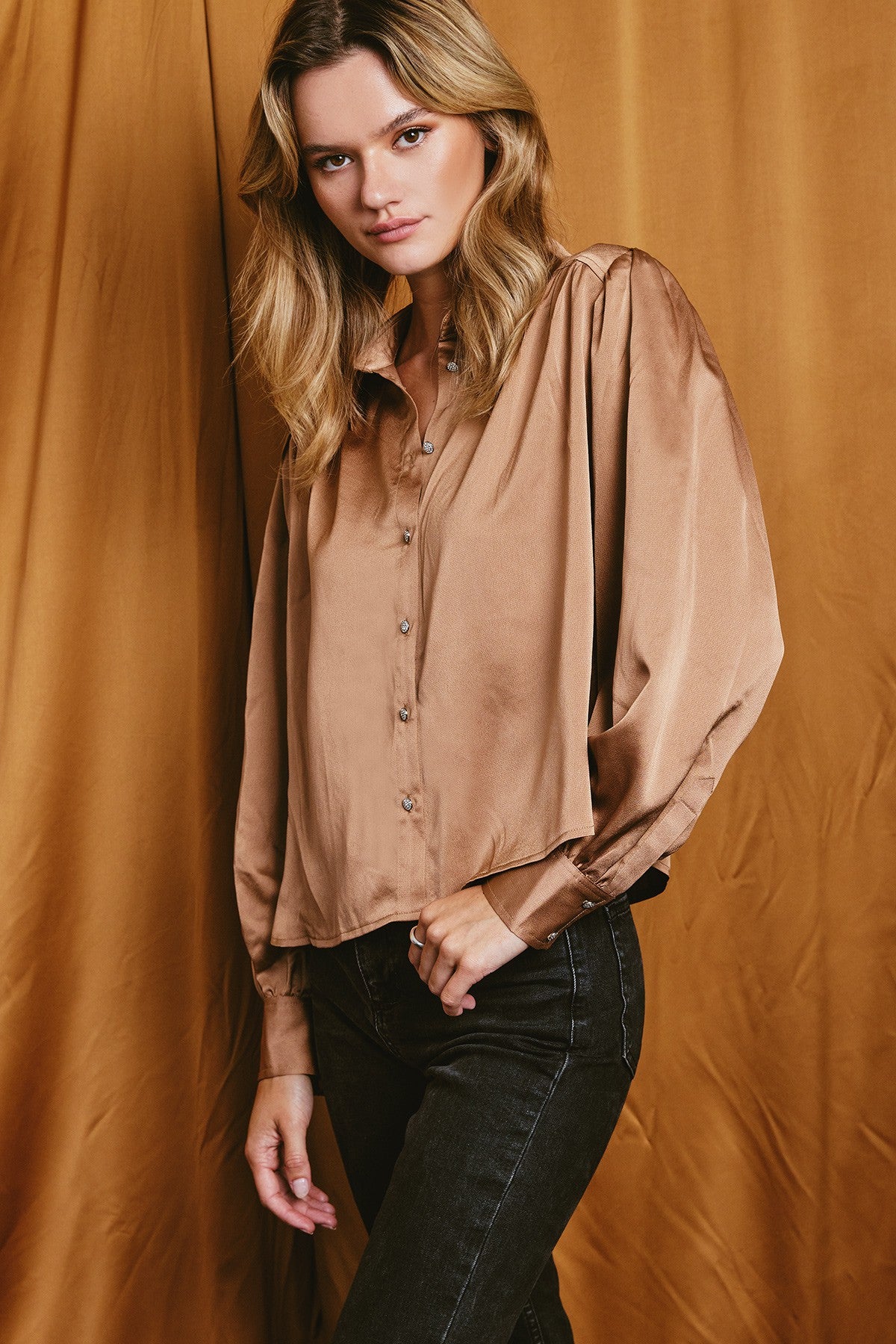 Dress Forum | Mocha Satin Button Up Top | Sweetest Stitch Online