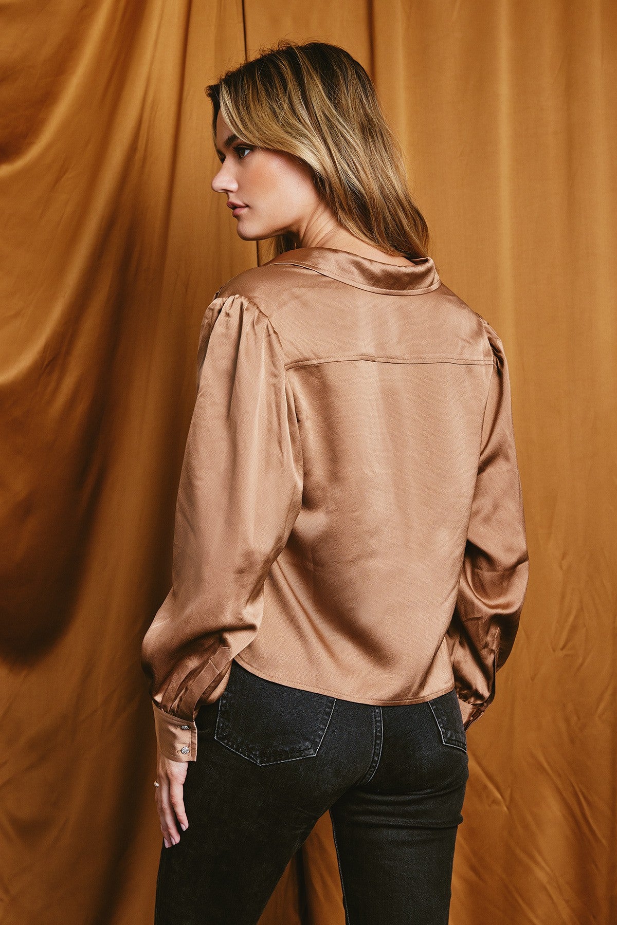 Dress Forum | Mocha Satin Button Up Top | Sweetest Stitch Online