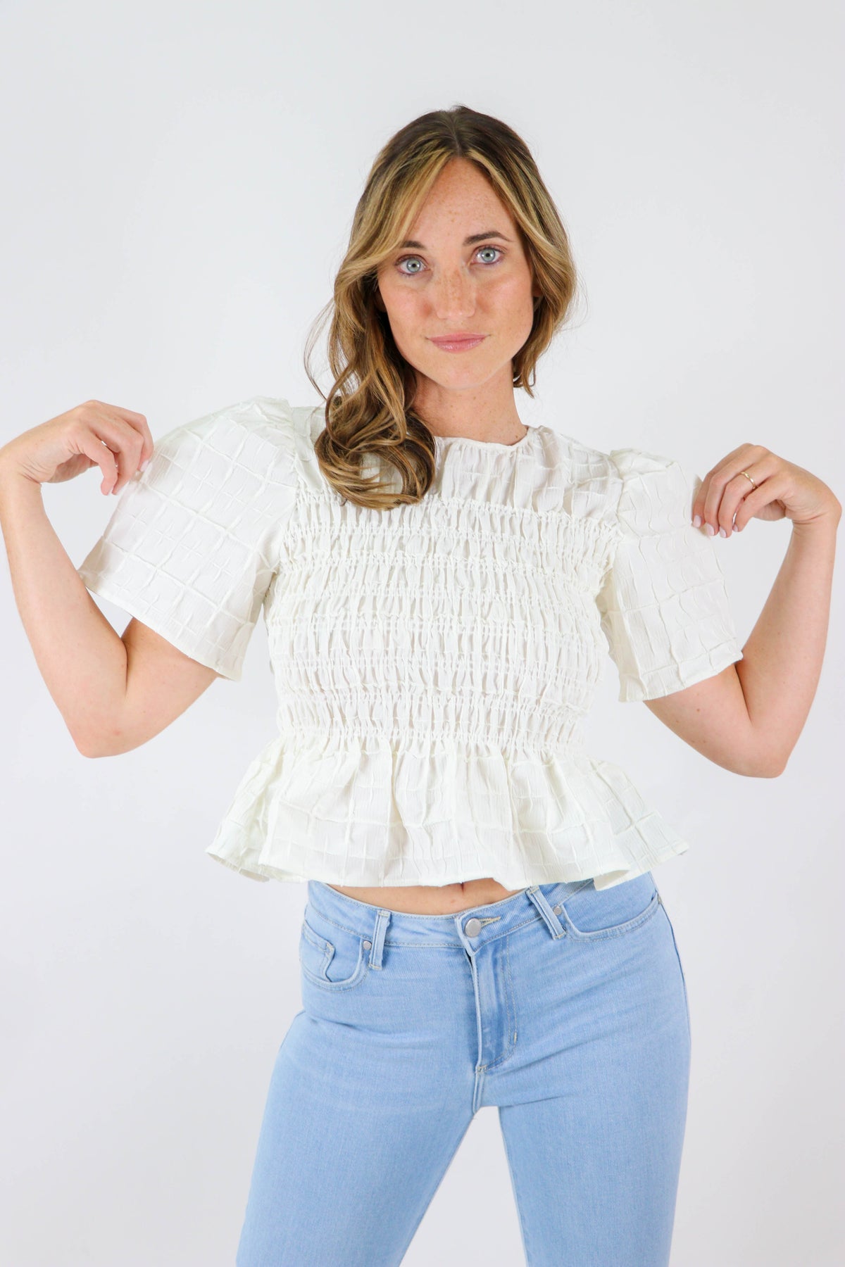 MIOU MUSE Smocked Peplum Top | Sweetest Stitch Women&#39;s Boutique