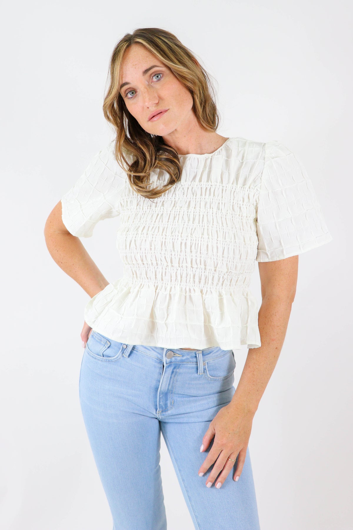 MIOU MUSE Smocked Peplum Top | Sweetest Stitch Women&#39;s Boutique