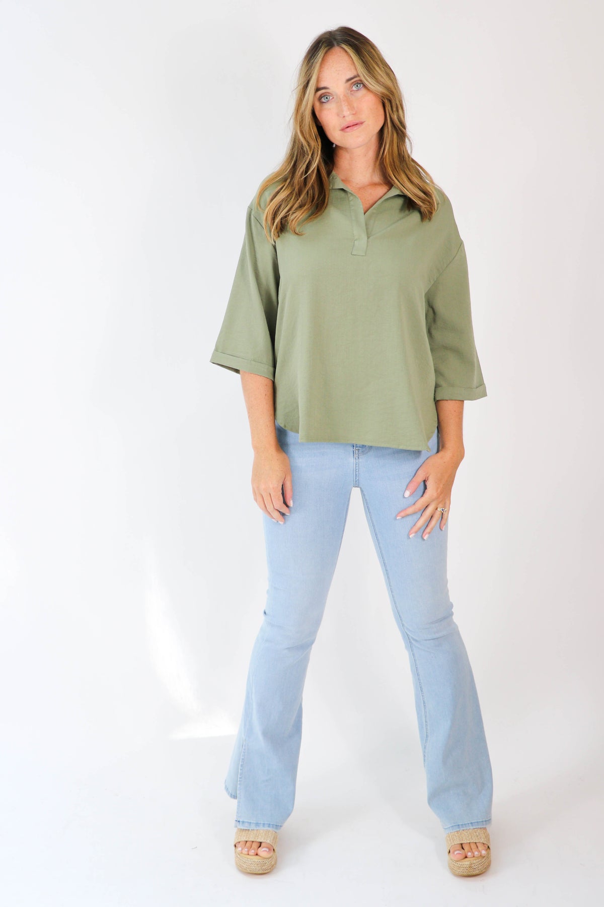 She + Sky | 3/4 Sleeve Olive Top for Women | Sweetest Stitch Boutique