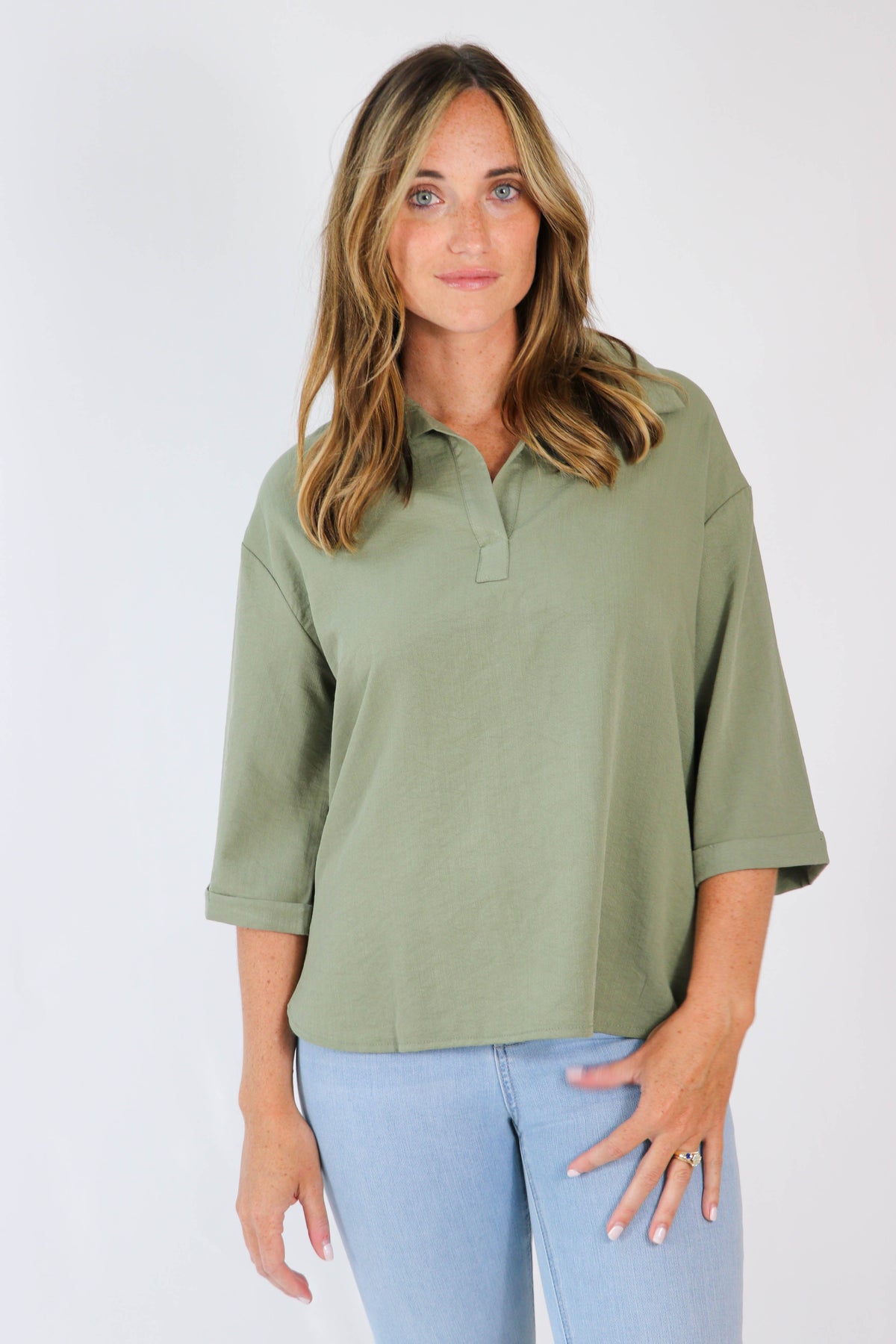 She + Sky | 3/4 Sleeve Olive Top for Women | Sweetest Stitch Boutique