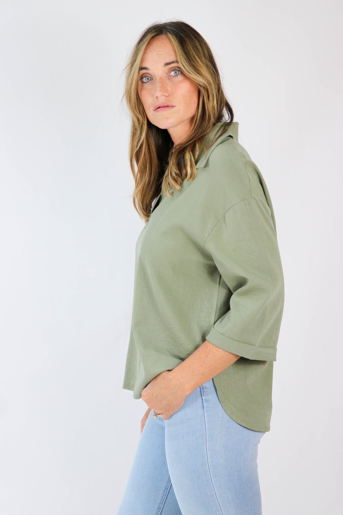 She + Sky | 3/4 Sleeve Olive Top for Women | Sweetest Stitch Boutique