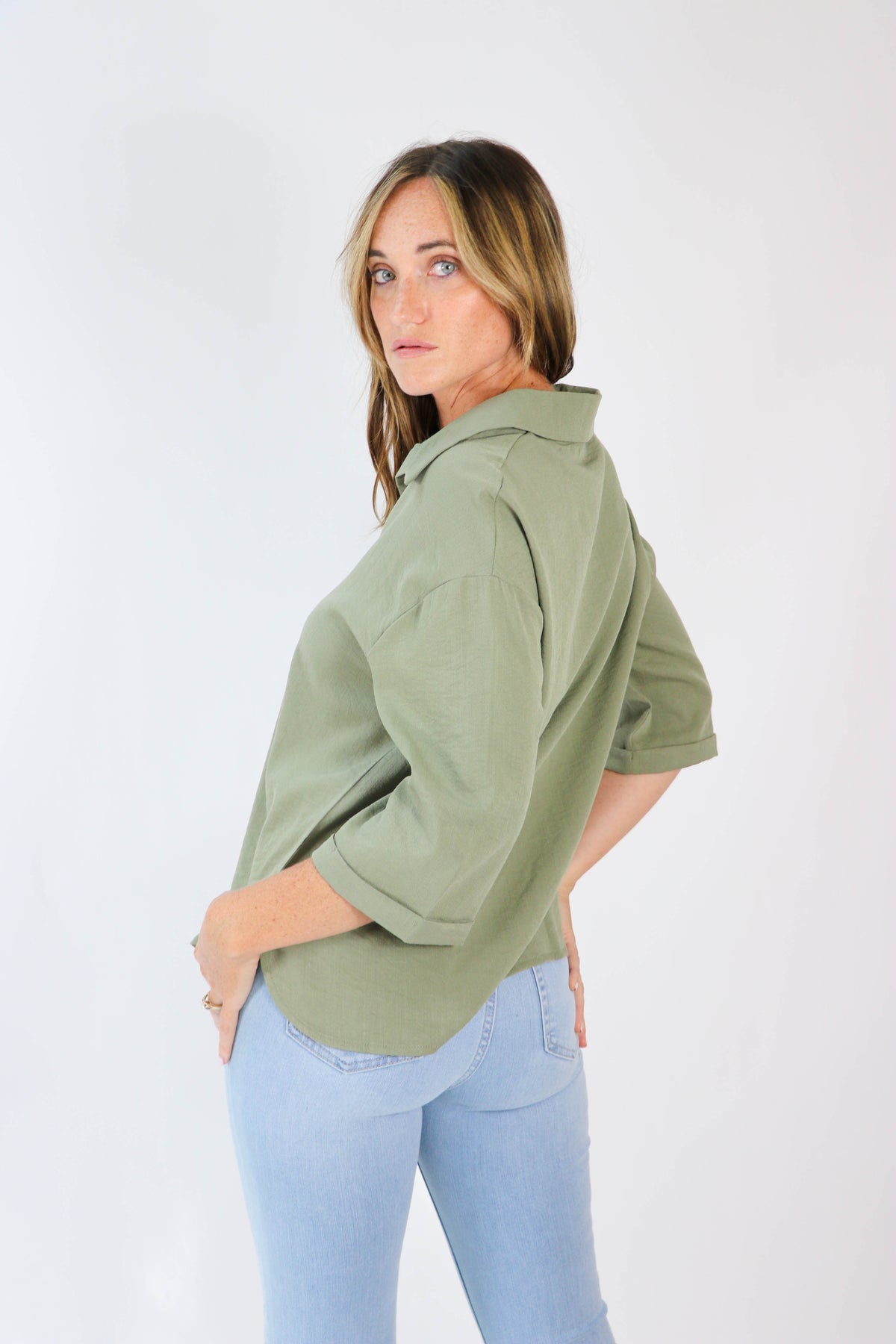 She + Sky | 3/4 Sleeve Olive Top for Women | Sweetest Stitch Boutique