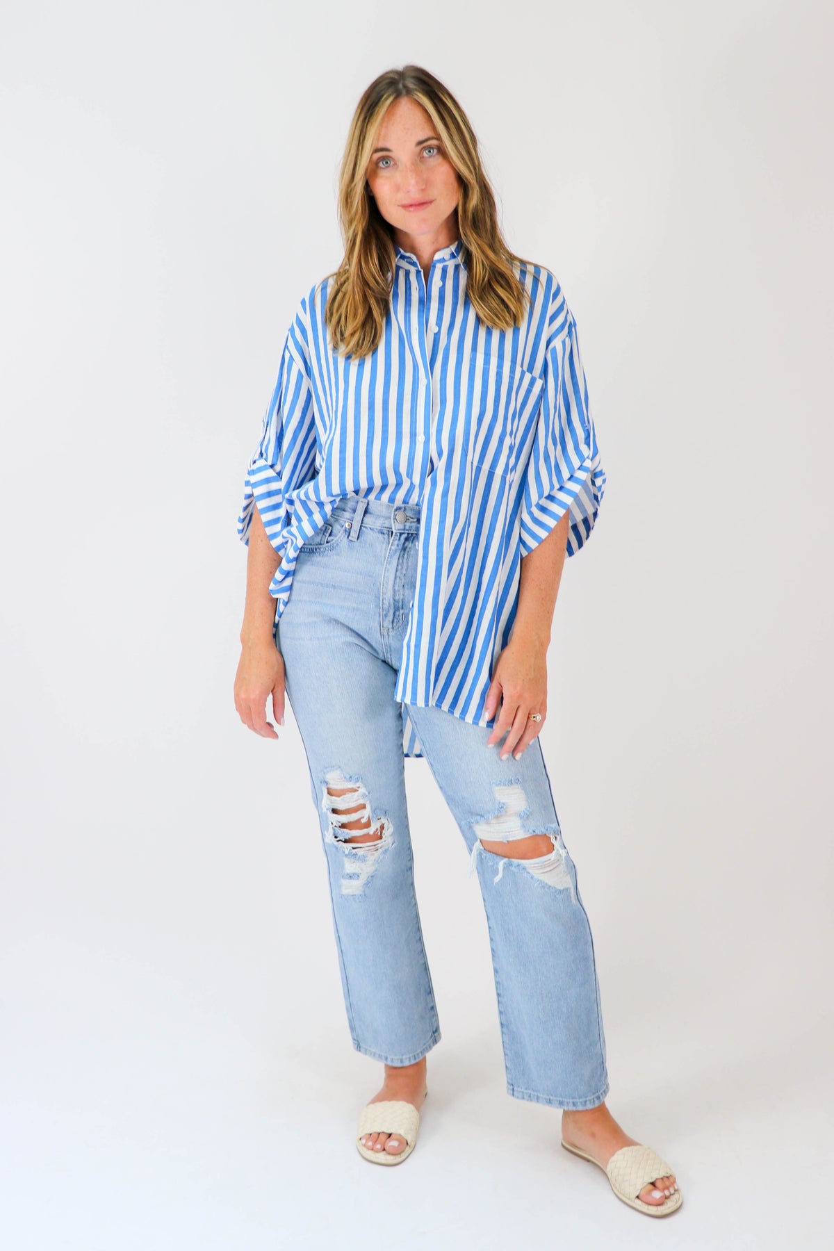 By Together | Blue Striped Oversized Button Down | Sweetest Stitch