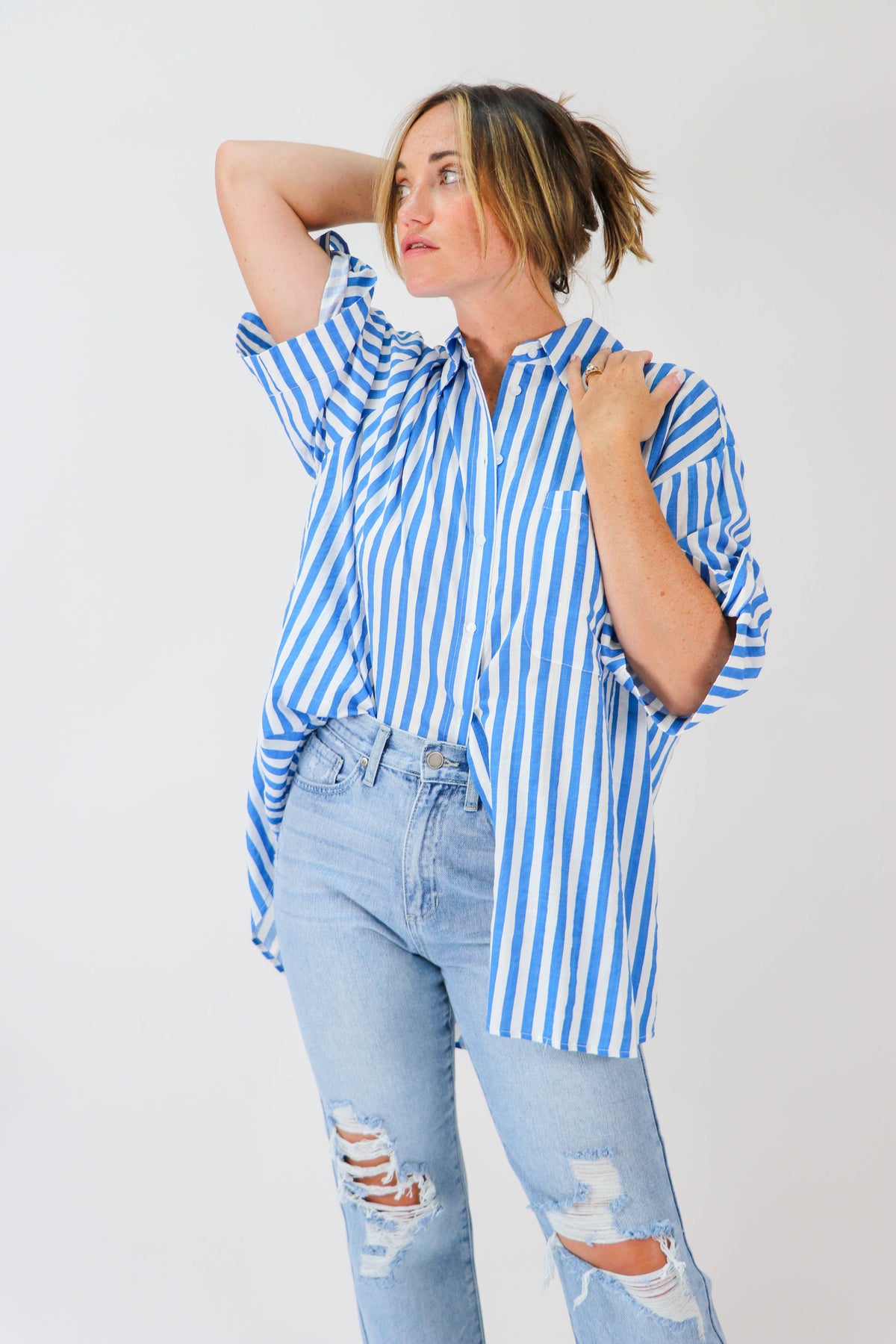 By Together | Blue Striped Oversized Button Down | Sweetest Stitch