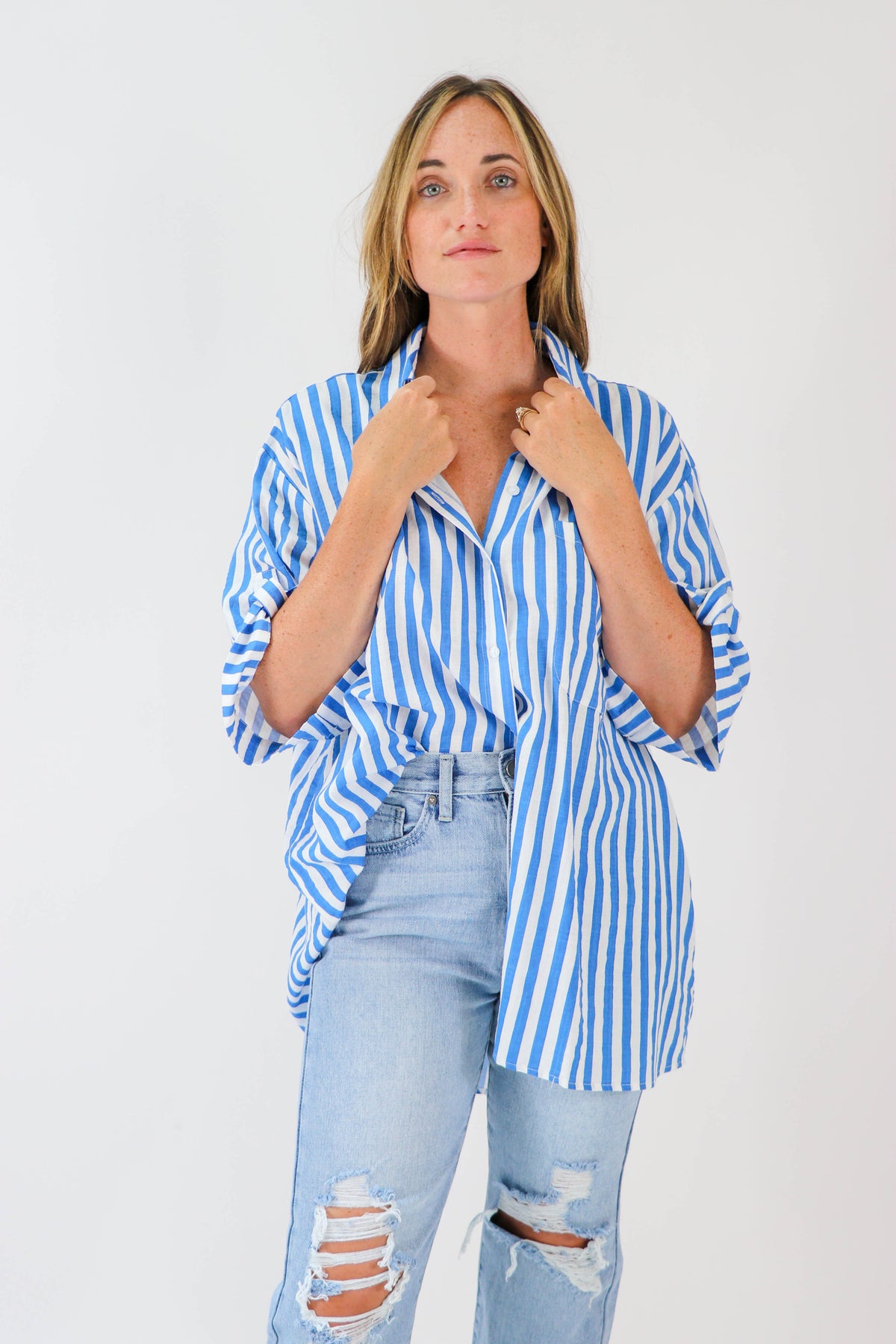 By Together | Blue Striped Oversized Button Down | Sweetest Stitch